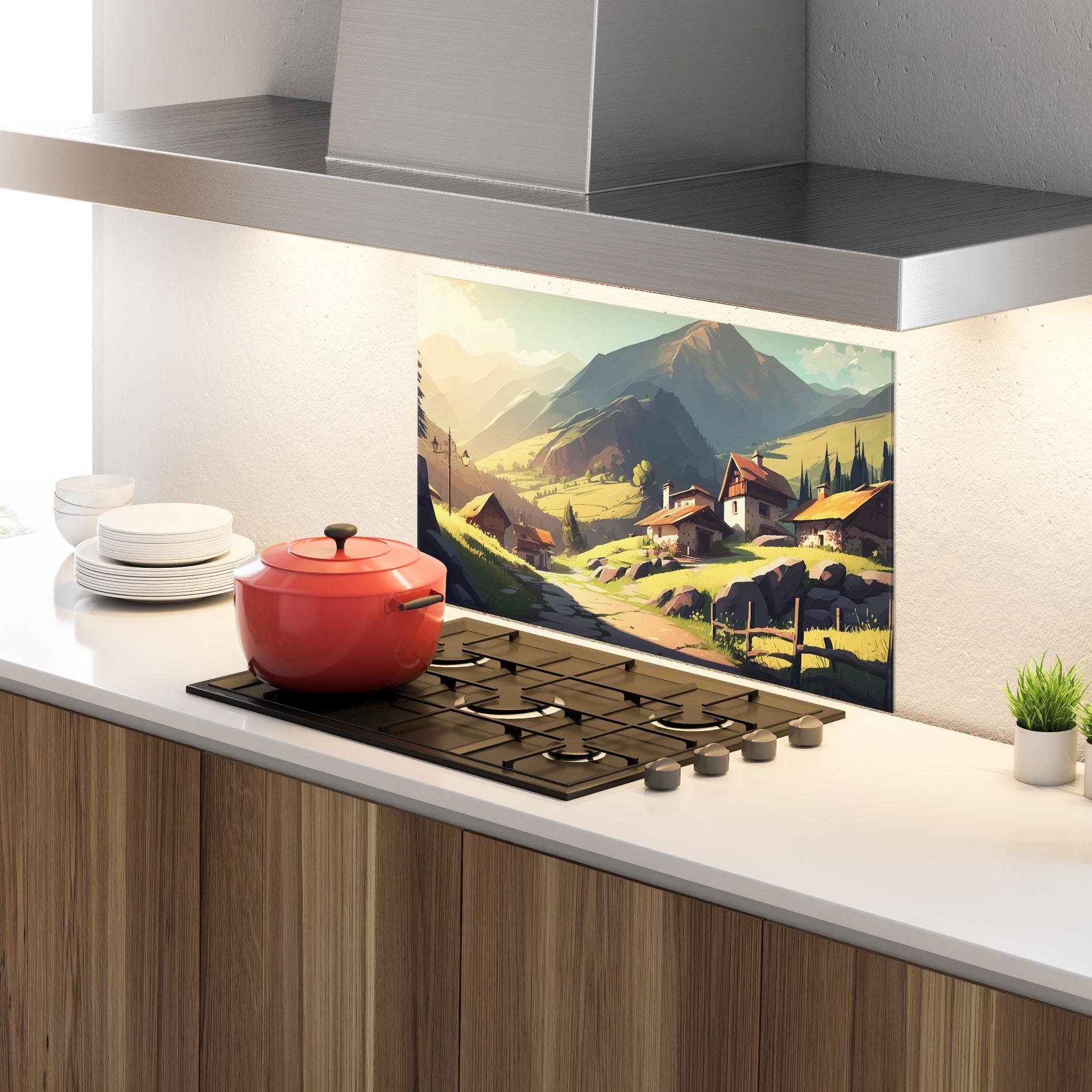 Panou Sticla Bucatarie Grassy Mountain View mockup 4