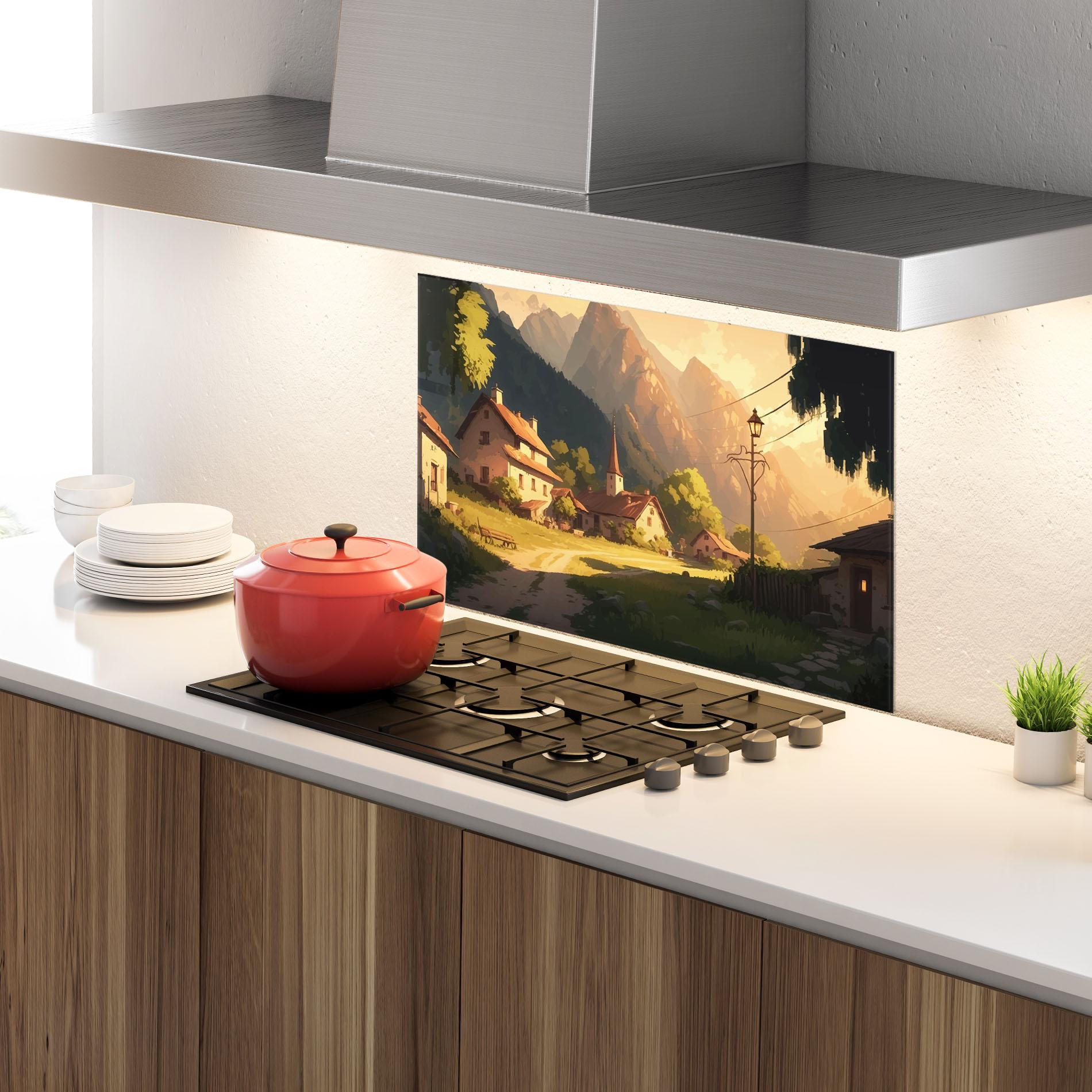 Panou Sticla Bucatarie Grassy Village View mockup 4