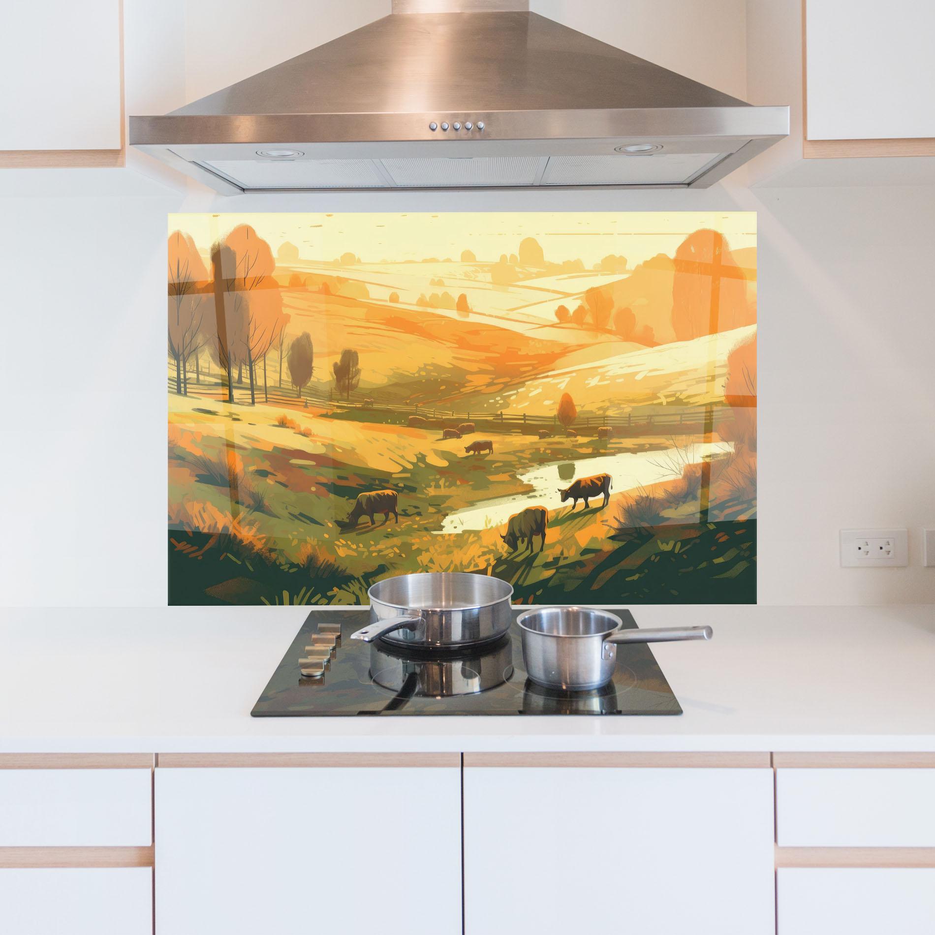 Panou Sticla Bucatarie Cows Sunlight Art mockup 5