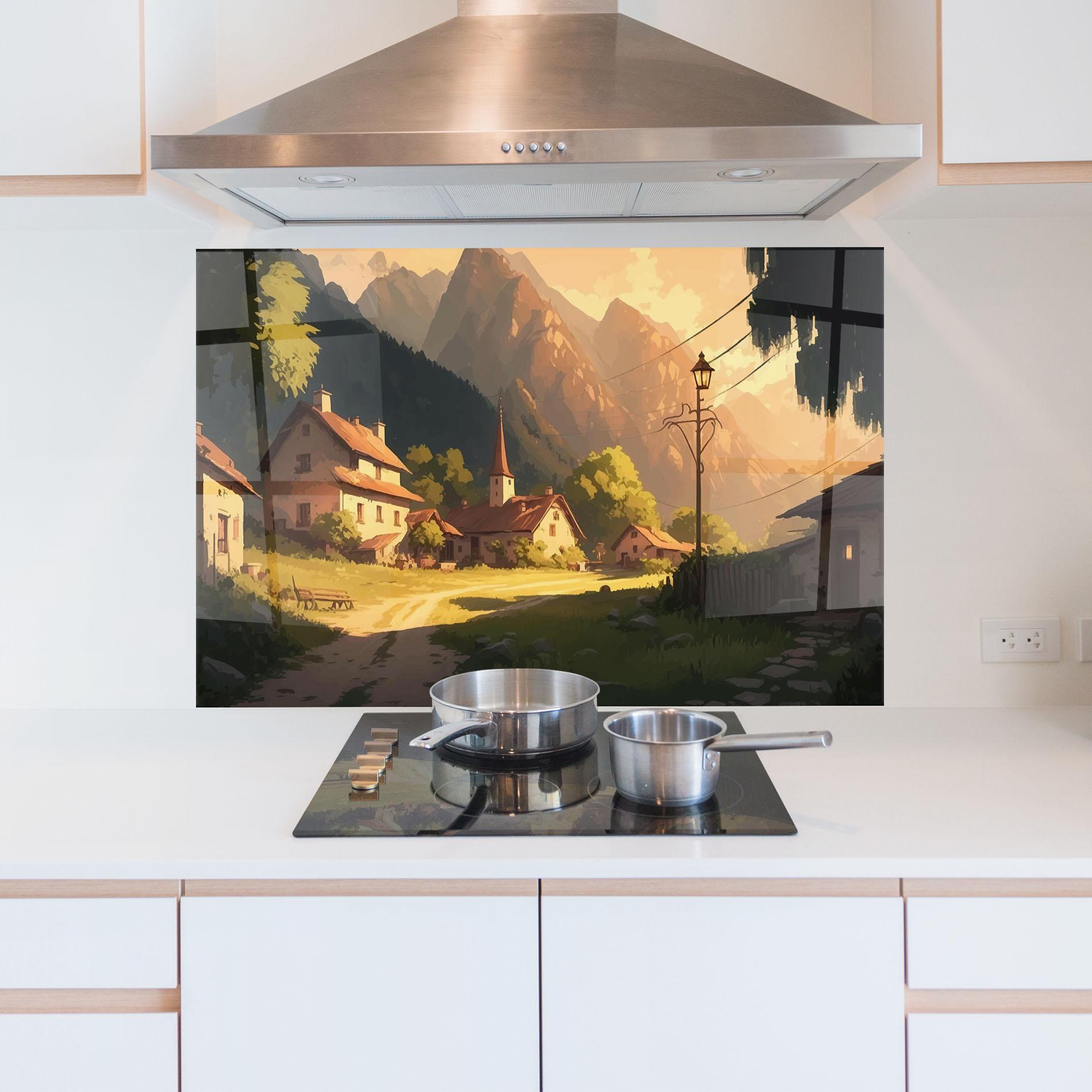 Panou Sticla Bucatarie Grassy Village View mockup 5