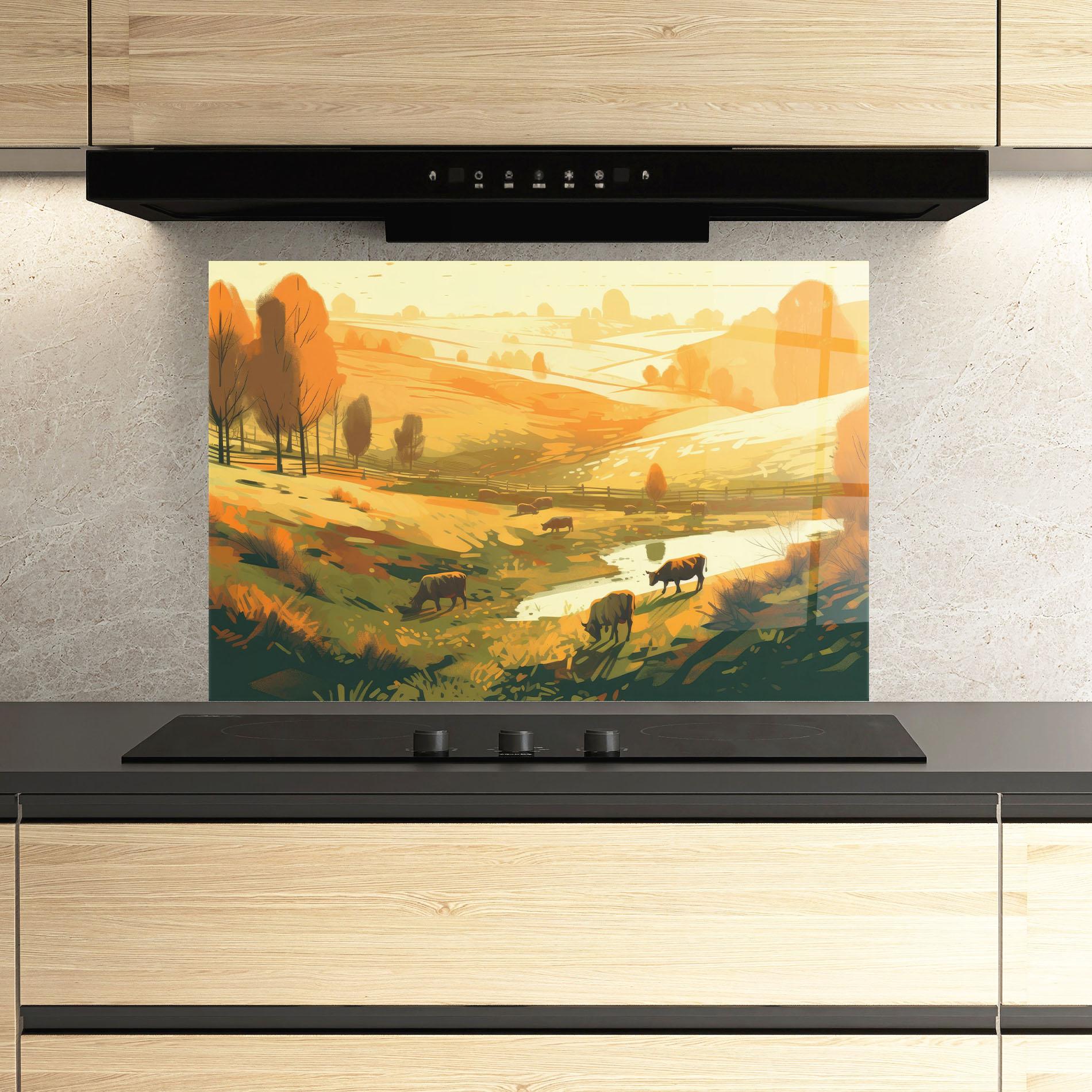 Panou Sticla Bucatarie Cows Sunlight Art mockup 3