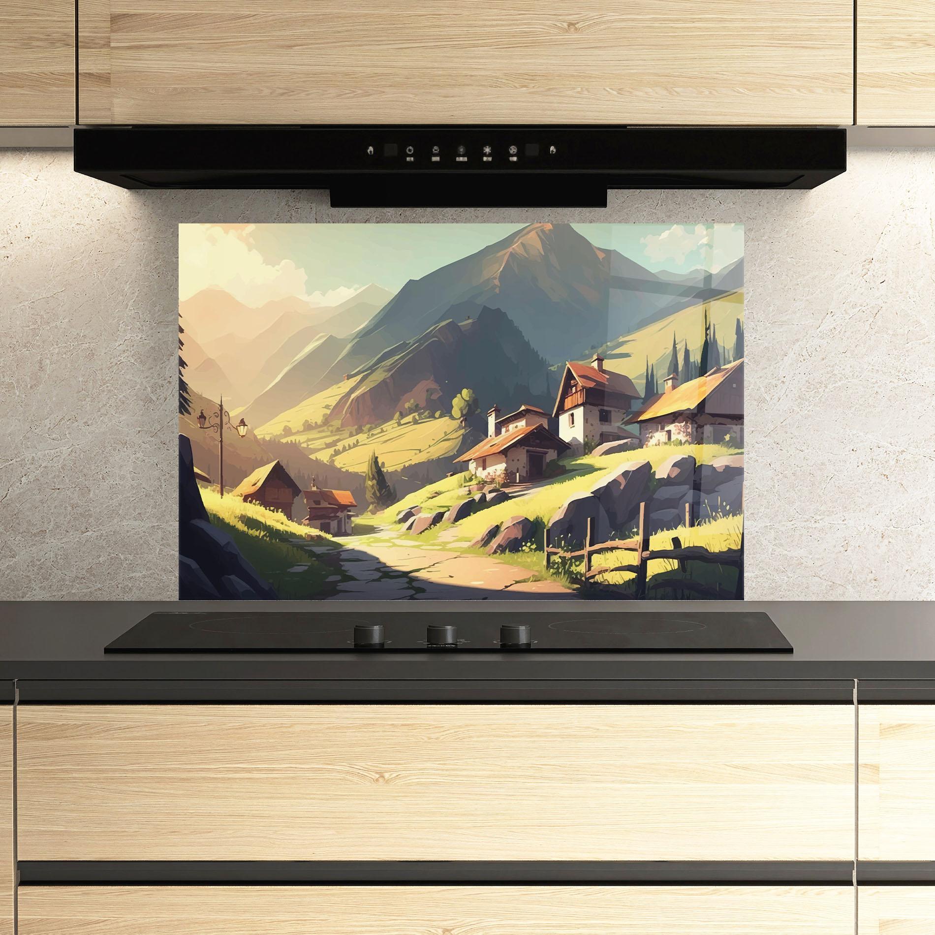 Panou Sticla Bucatarie Grassy Mountain View mockup 3