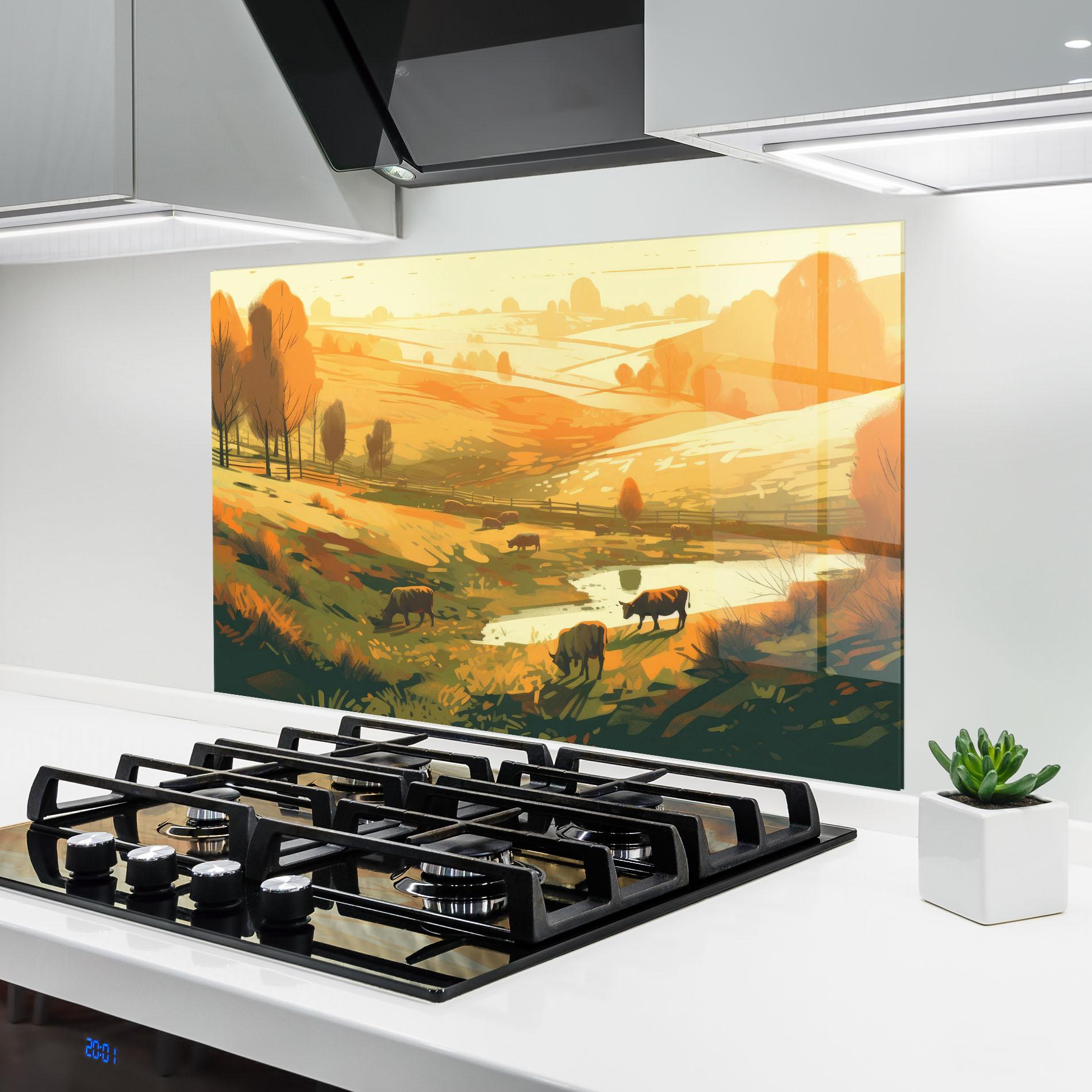 Panou Sticla Bucatarie Cows Sunlight Art mockup 6