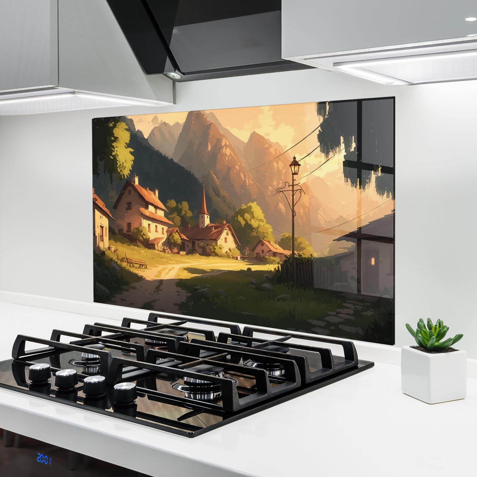 Panou Sticla Bucatarie Grassy Village View mockup 6
