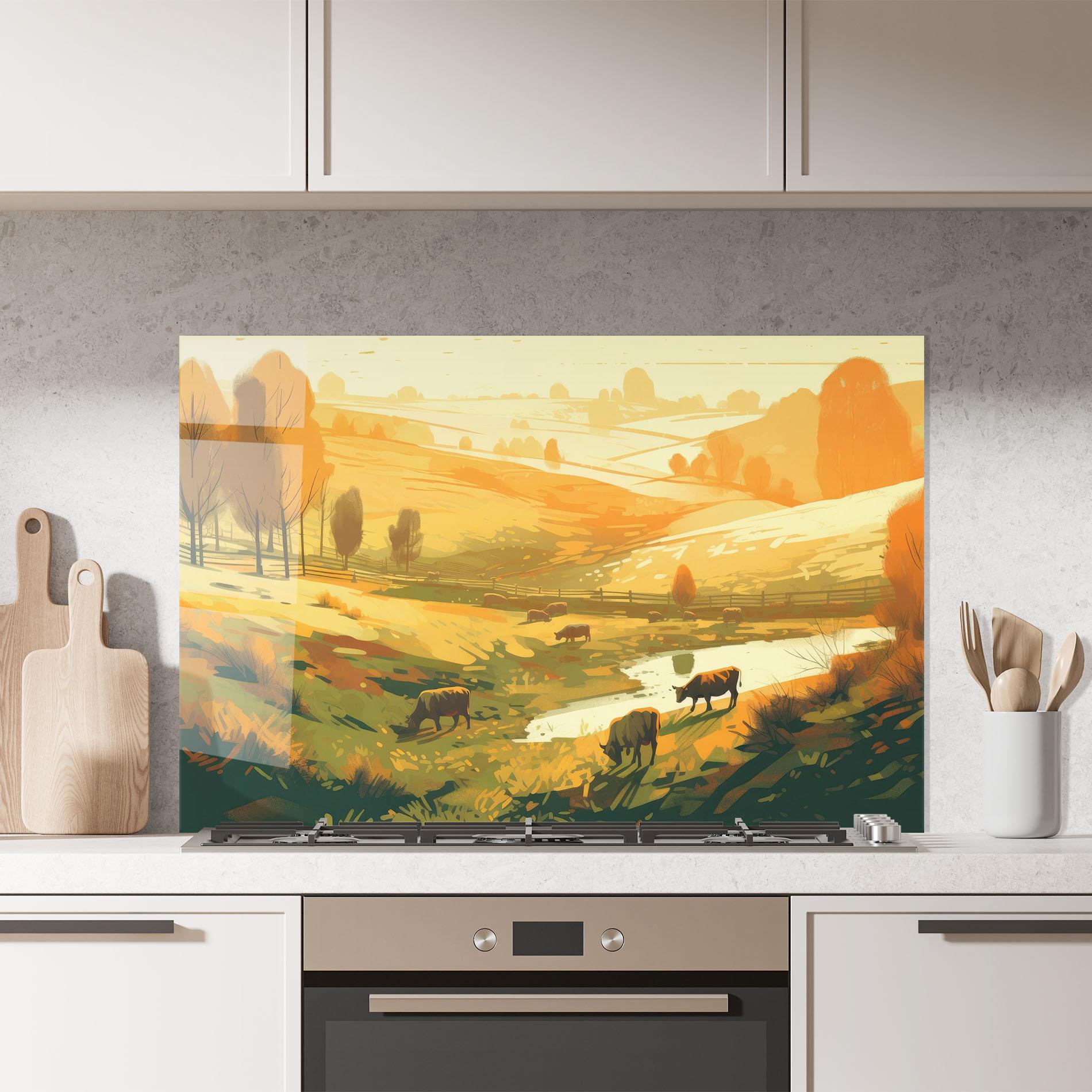 Panou Sticla Bucatarie Cows Sunlight Art mockup 7