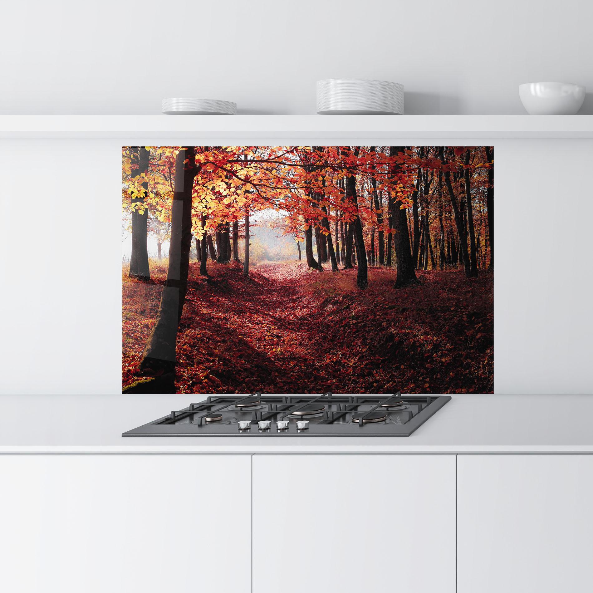 Panou Sticla Bucatarie Red Leaves Forest mockup 9