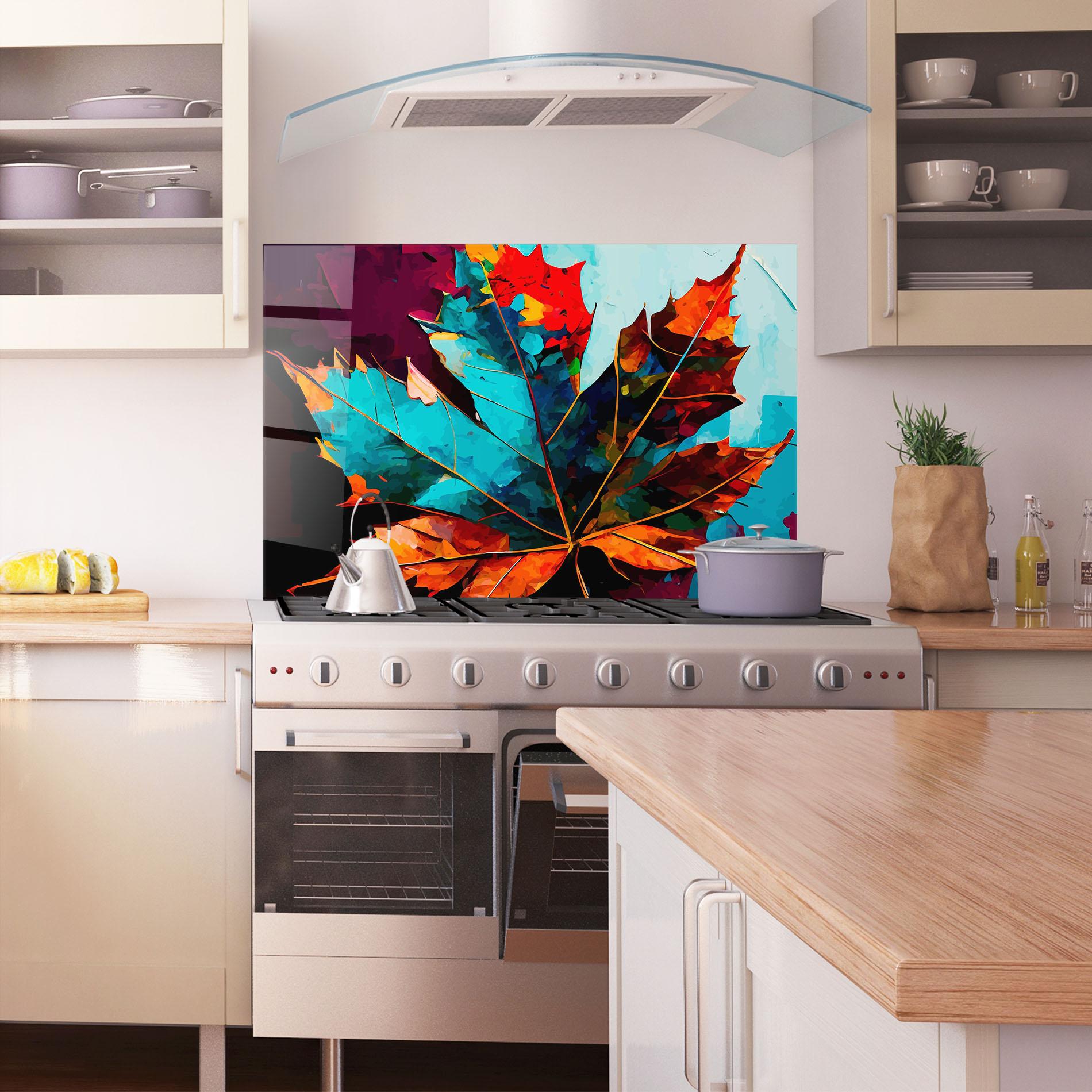 Panou Sticla Bucatarie Blue Orange Leaf mockup 1