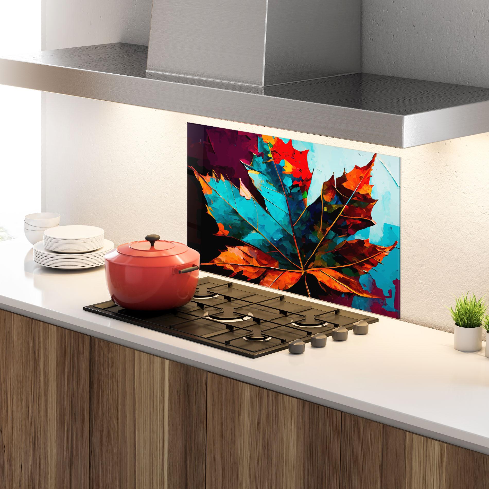 Panou Sticla Bucatarie Blue Orange Leaf mockup 4