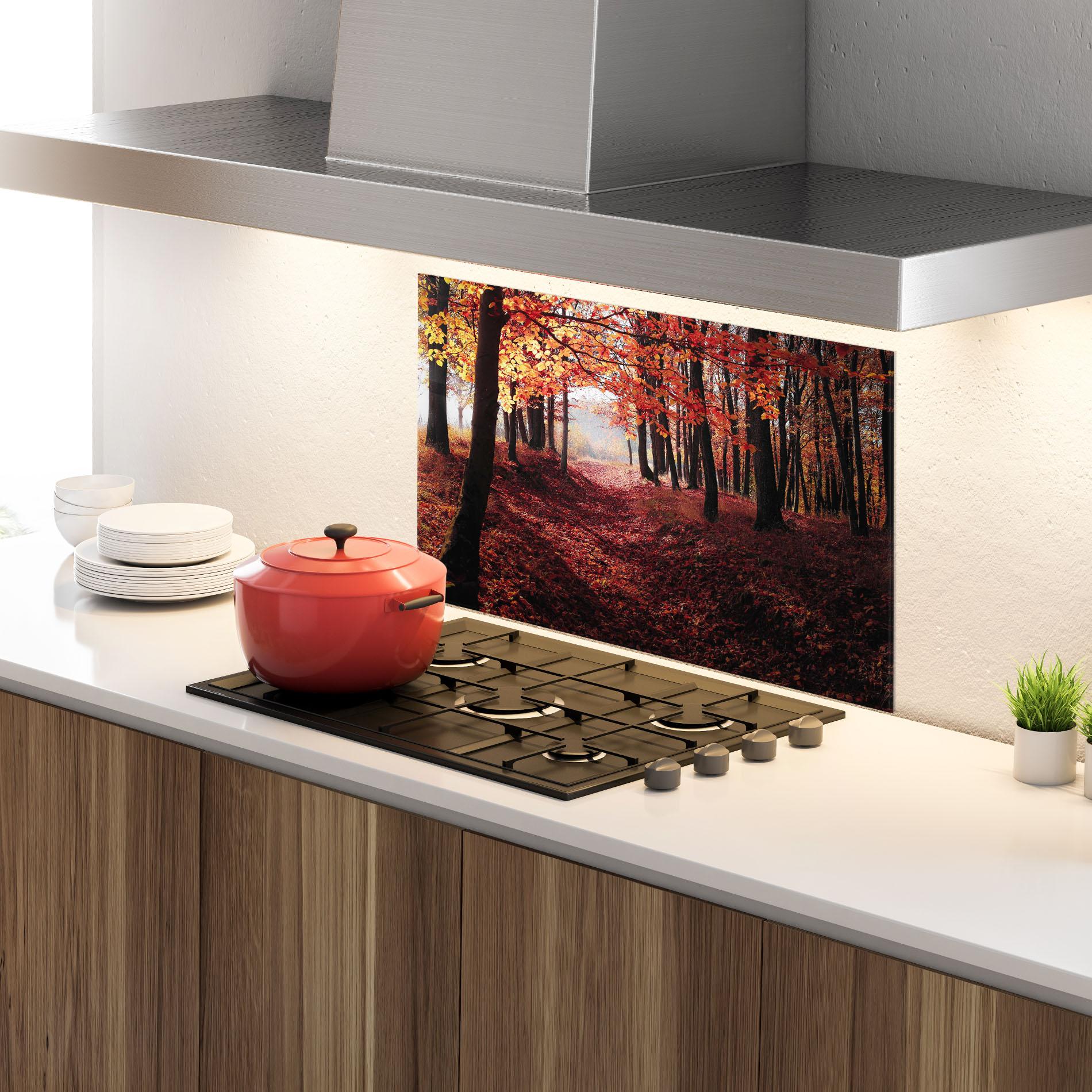 Panou Sticla Bucatarie Red Leaves Forest mockup 4