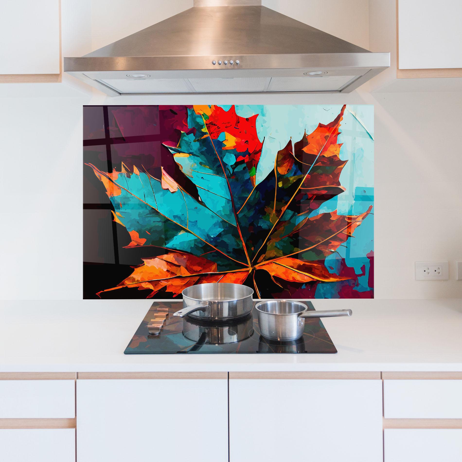 Panou Sticla Bucatarie Blue Orange Leaf mockup 5