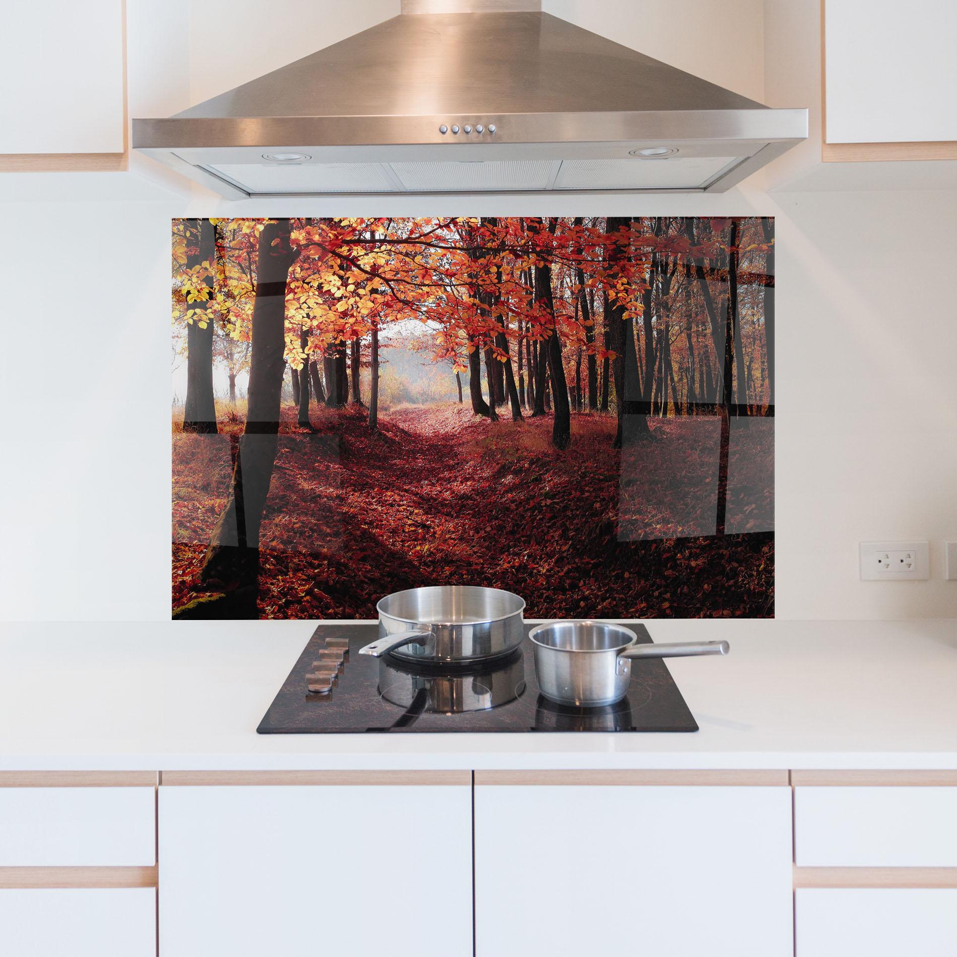Panou Sticla Bucatarie Red Leaves Forest mockup 5