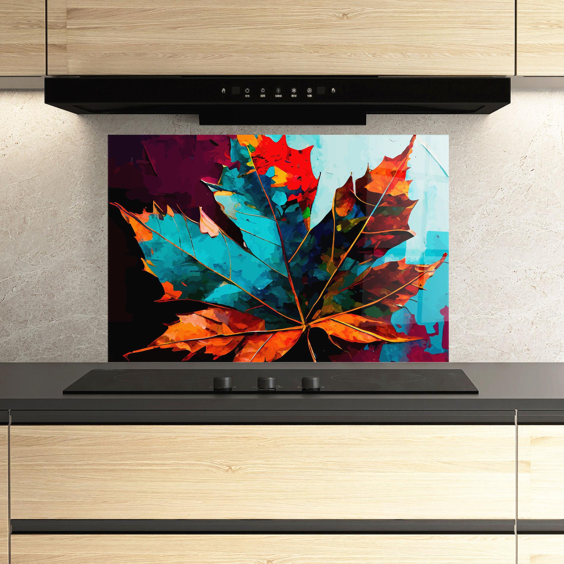 Panou Sticla Bucatarie Blue Orange Leaf mockup 3