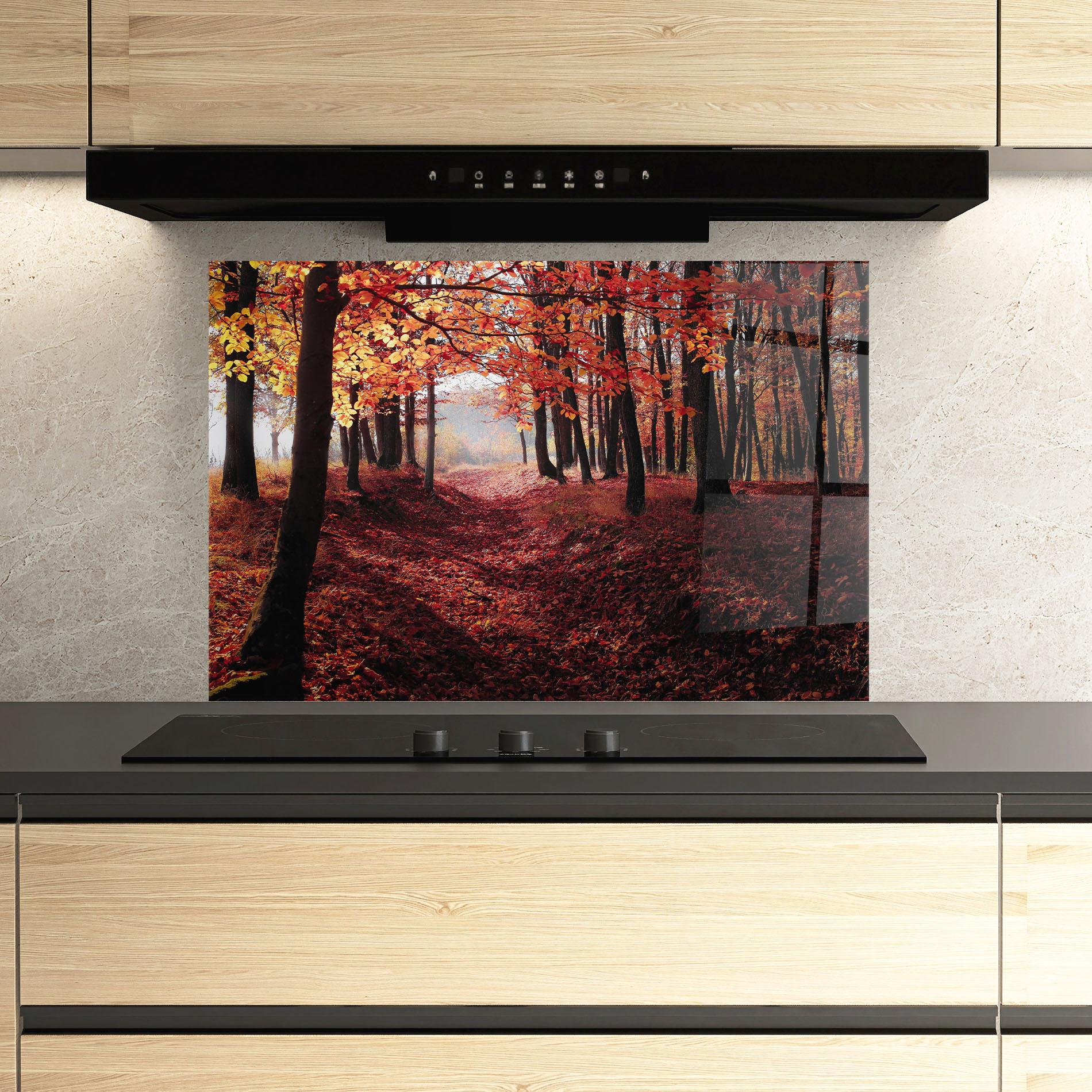 Panou Sticla Bucatarie Red Leaves Forest mockup 3