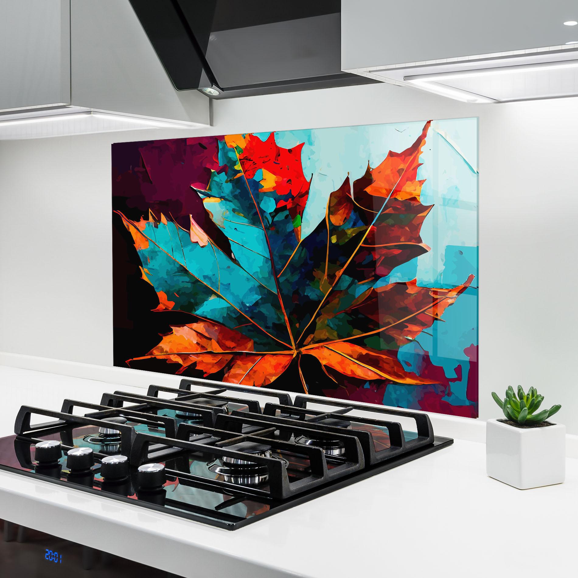 Panou Sticla Bucatarie Blue Orange Leaf mockup 6