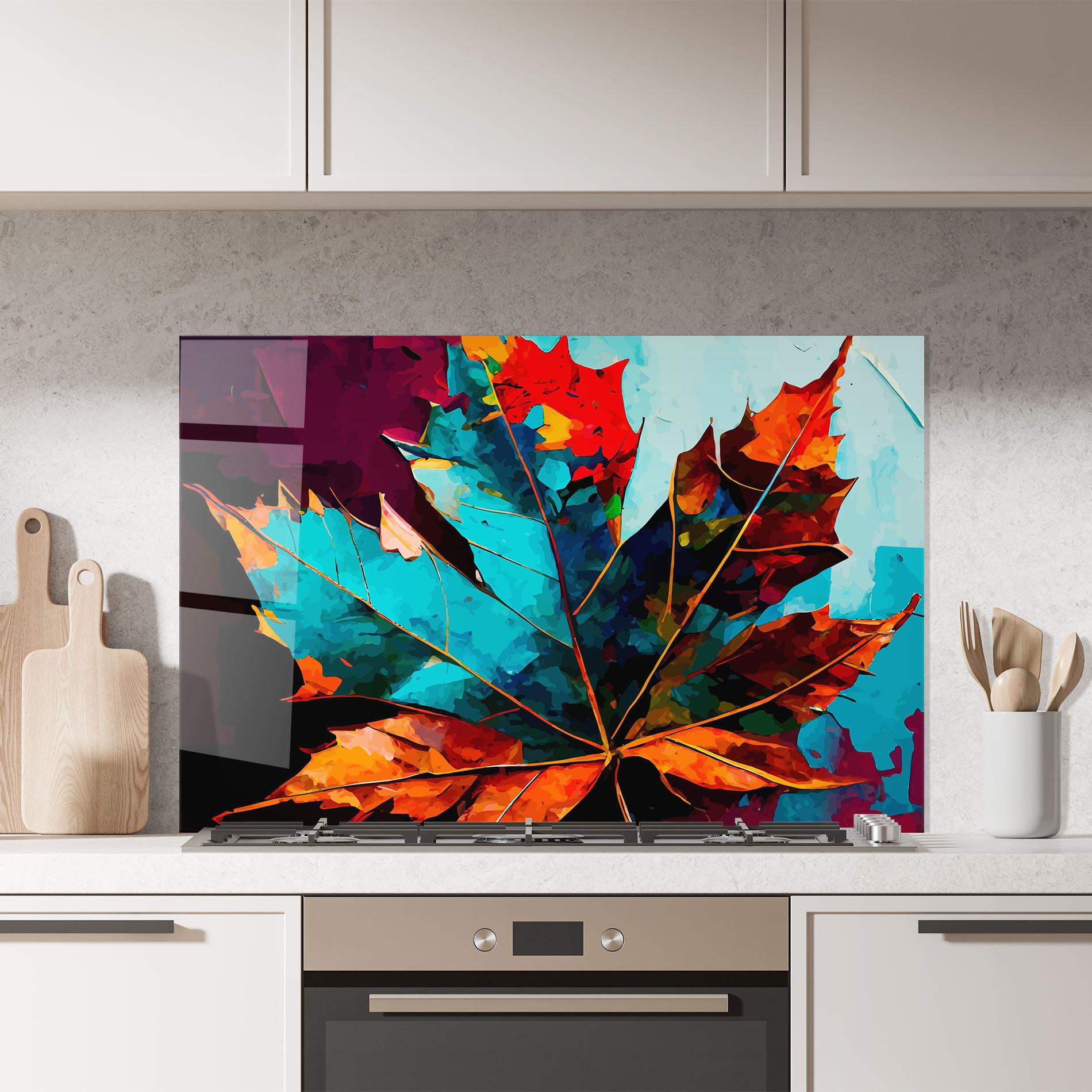 Panou Sticla Bucatarie Blue Orange Leaf mockup 7