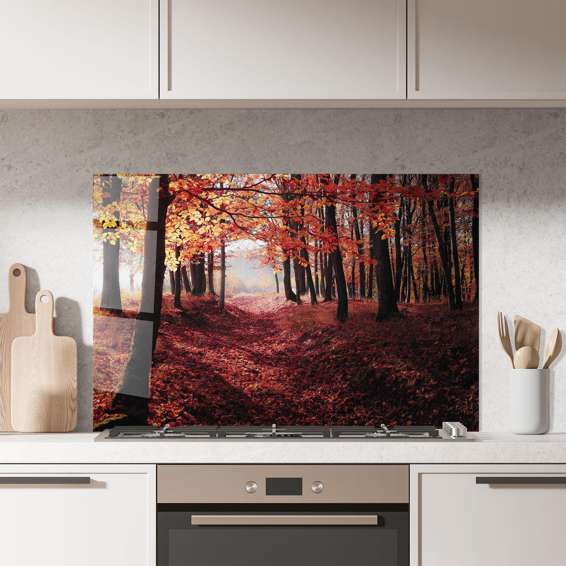 Panou Sticla Bucatarie Red Leaves Forest mockup 7