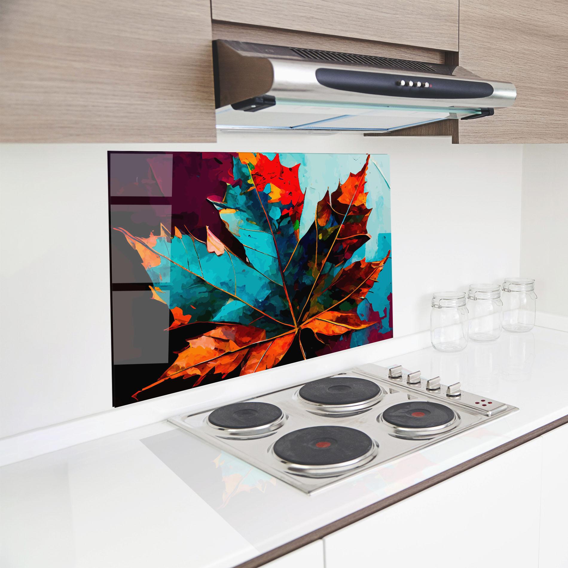 Panou Sticla Bucatarie Blue Orange Leaf mockup 8