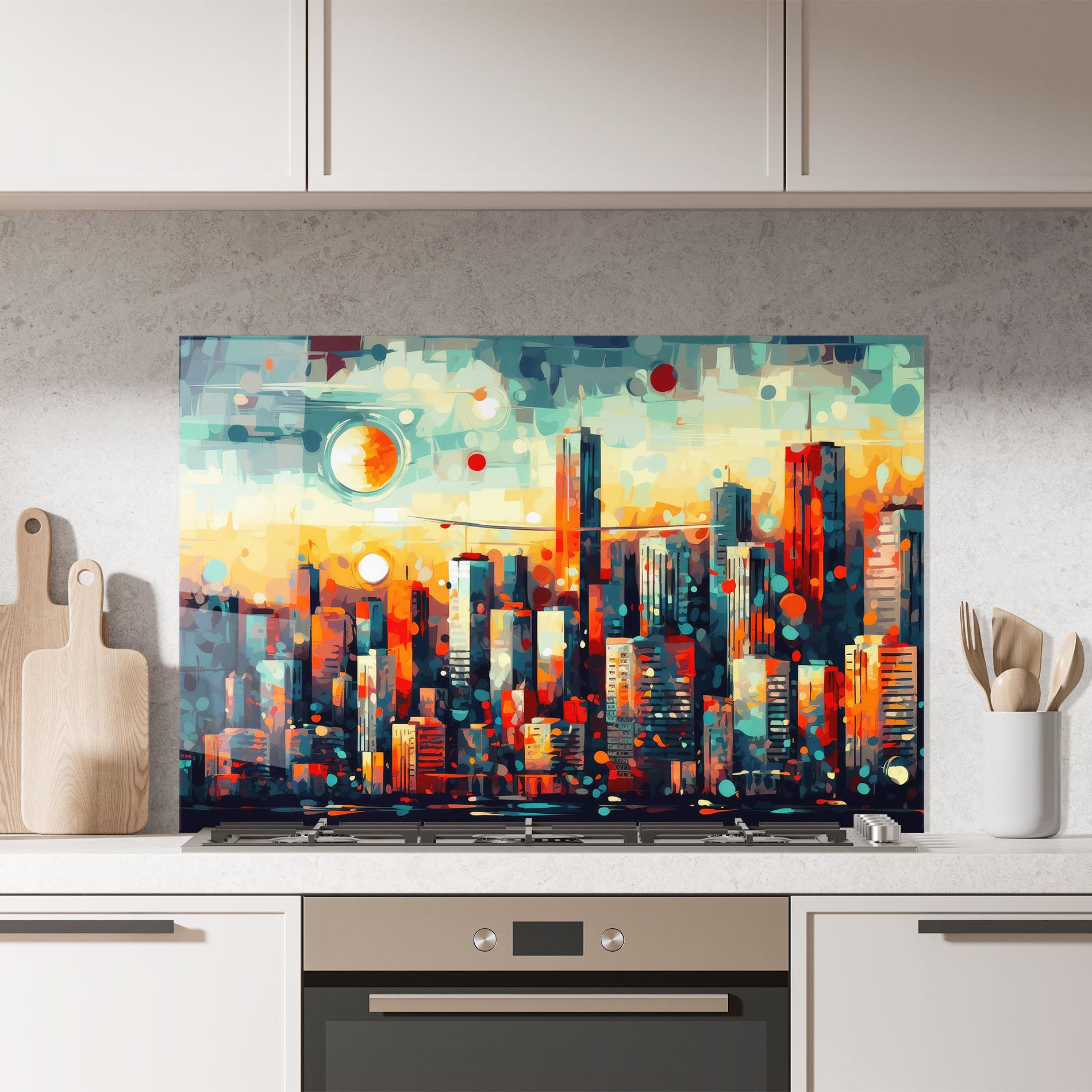 Panou Sticla Bucatarie Colorful City Painting mockup 7