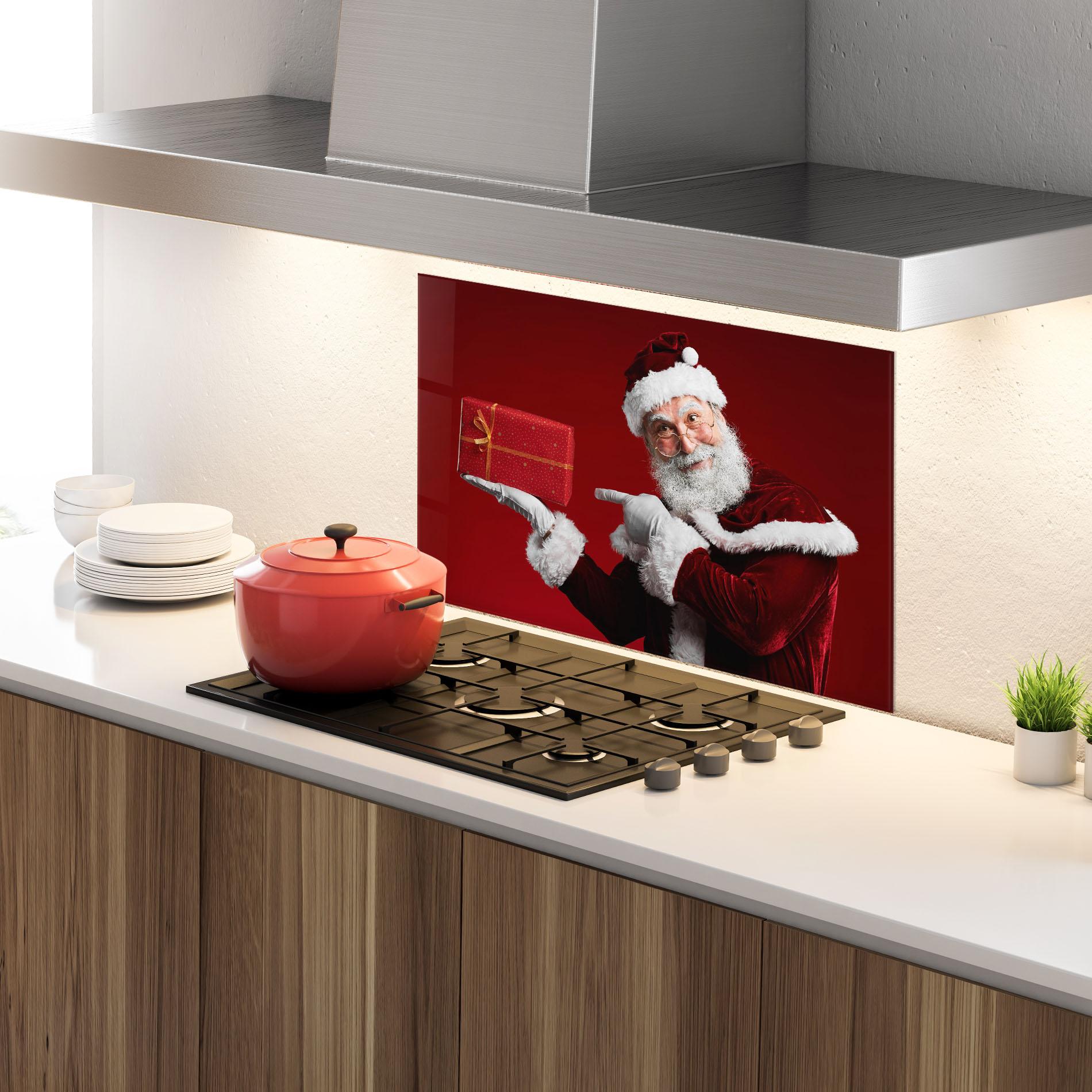Panou Sticla Bucatarie Santa Holding Red Present mockup 4