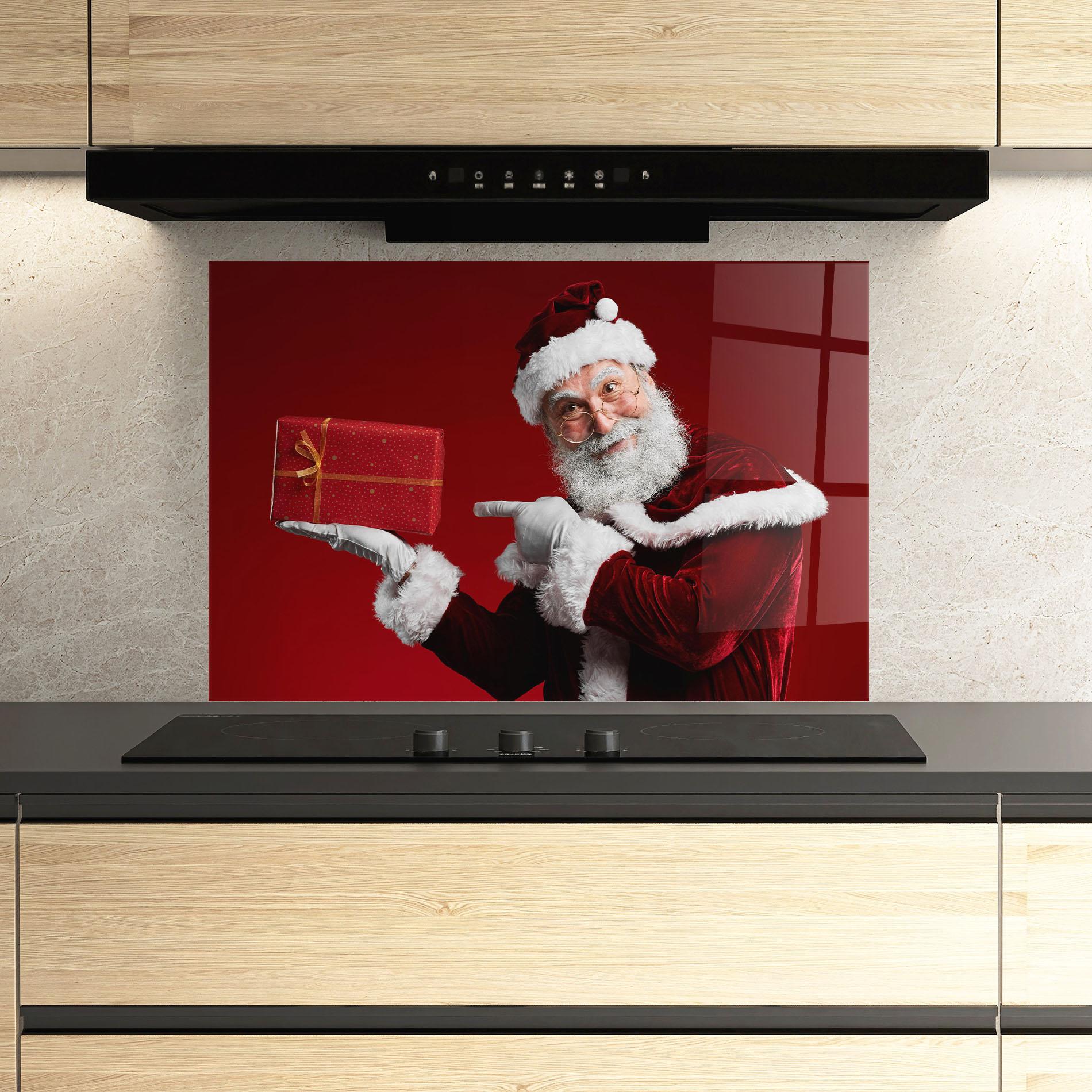 Panou Sticla Bucatarie Santa Holding Red Present mockup 3