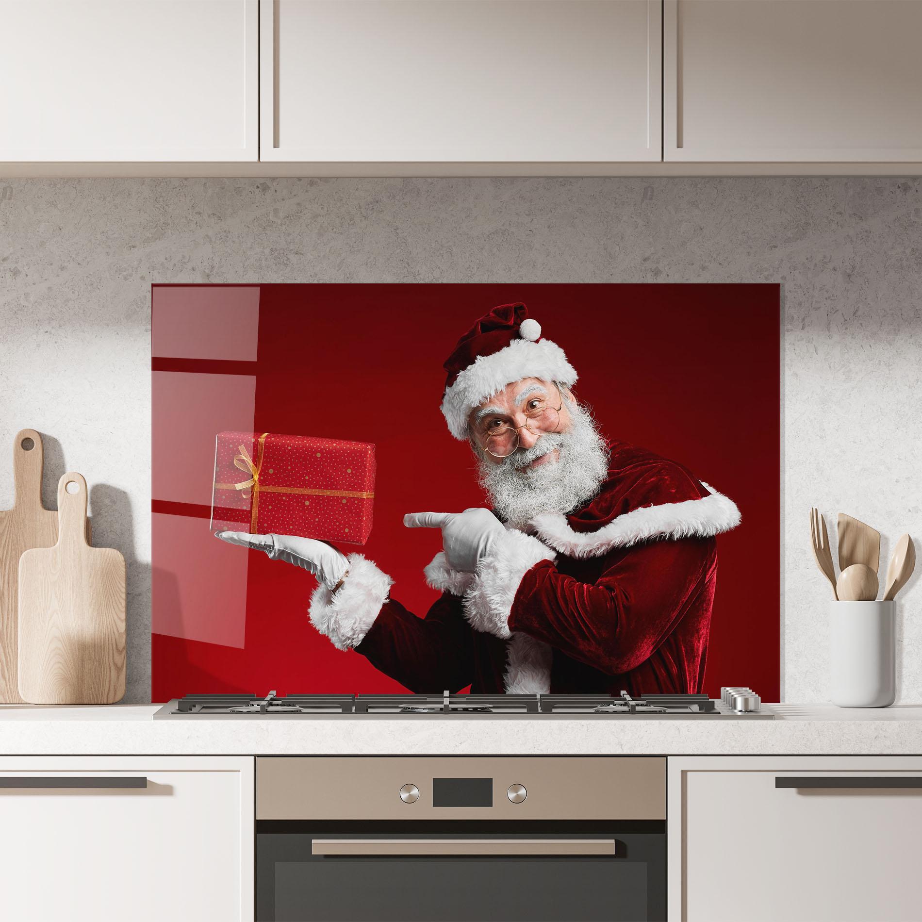 Panou Sticla Bucatarie Santa Holding Red Present mockup 7