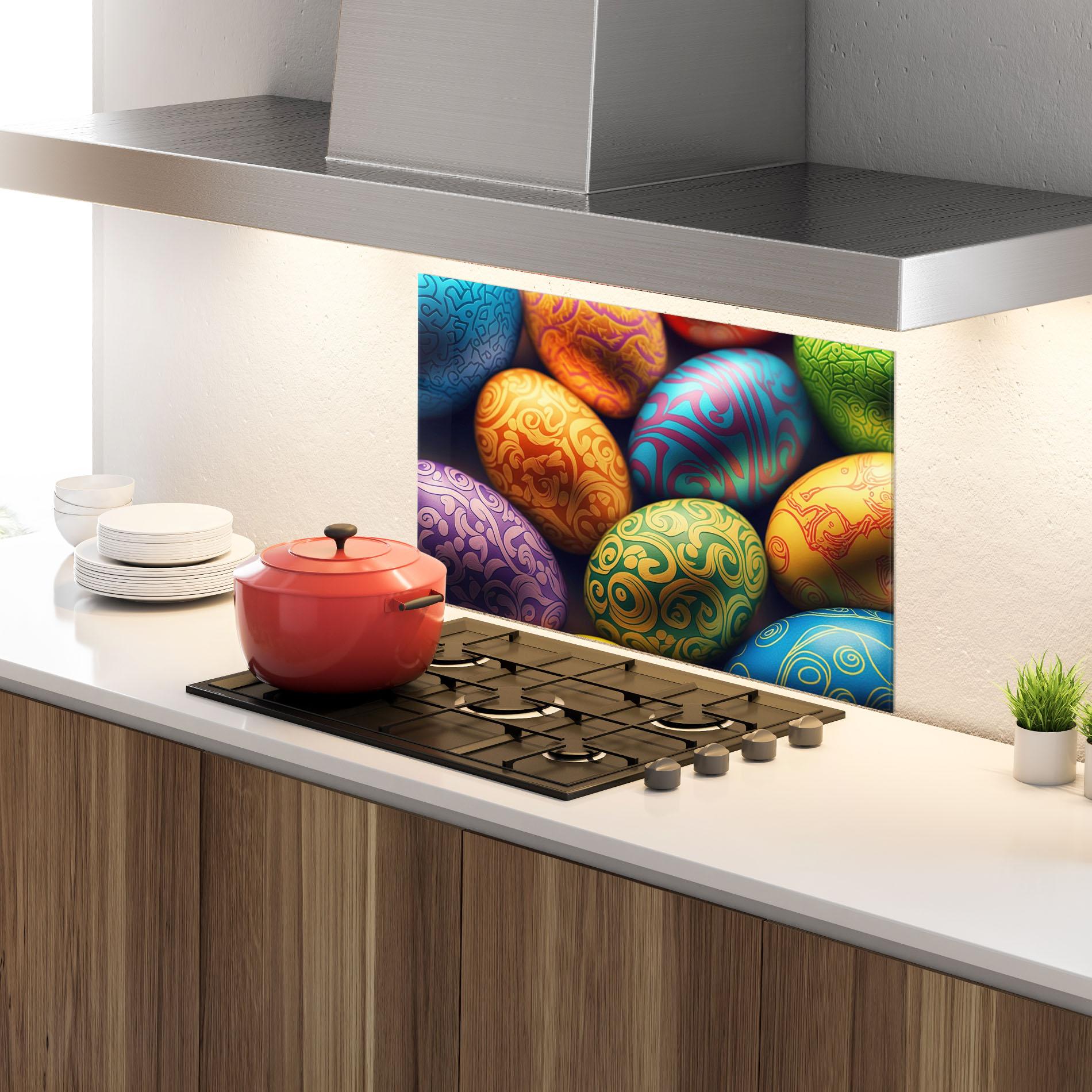 Panou Sticla Bucatarie Orange Green Easter Eggs mockup 4