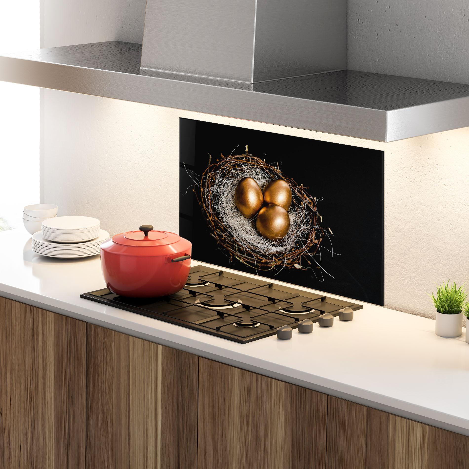 Panou Sticla Bucatarie Pretty Golden Easter Eggs mockup 4