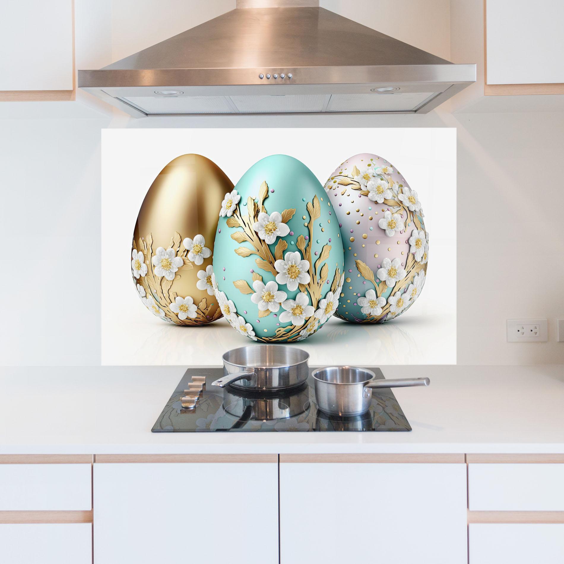 Panou Sticla Bucatarie Gold Blue Easter Eggs mockup 5
