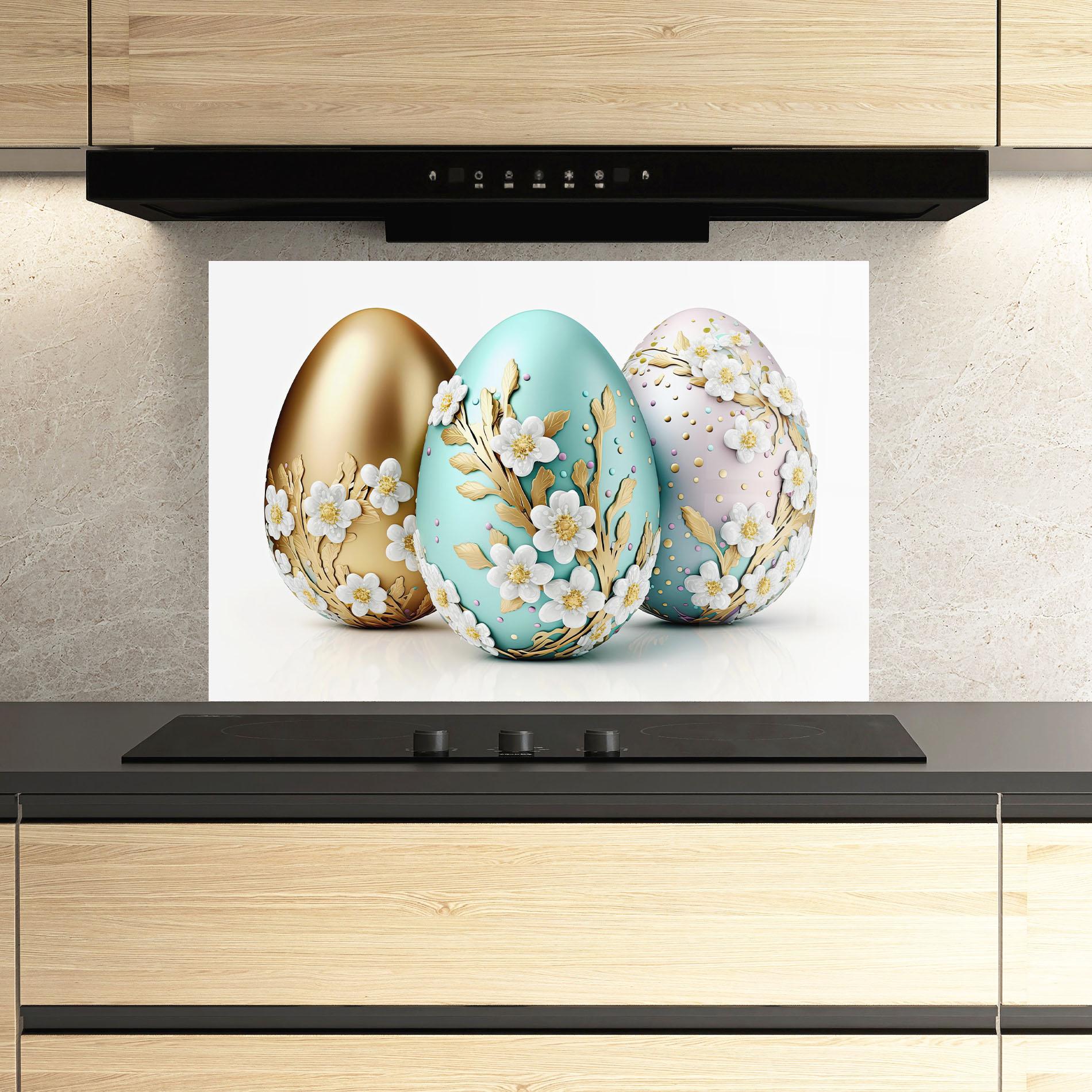 Panou Sticla Bucatarie Gold Blue Easter Eggs mockup 3