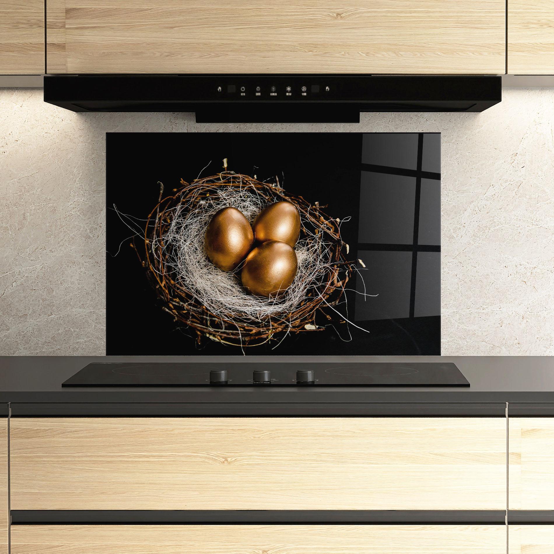 Panou Sticla Bucatarie Pretty Golden Easter Eggs mockup 3