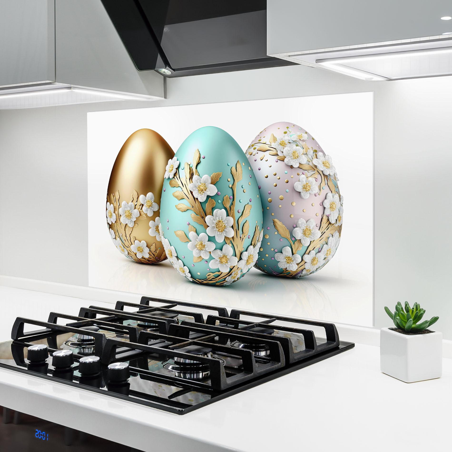 Panou Sticla Bucatarie Gold Blue Easter Eggs mockup 6