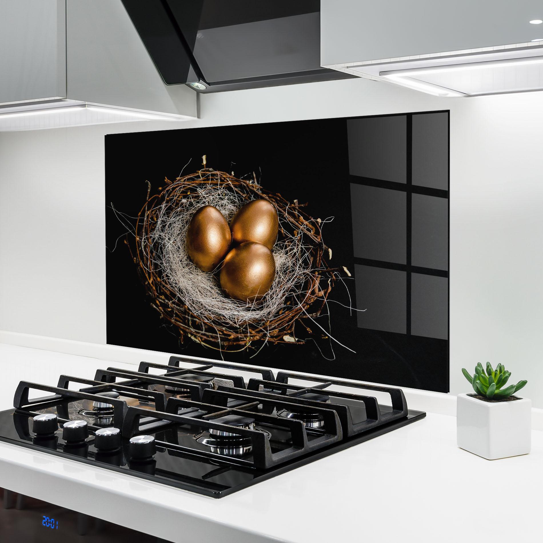 Panou Sticla Bucatarie Pretty Golden Easter Eggs mockup 6