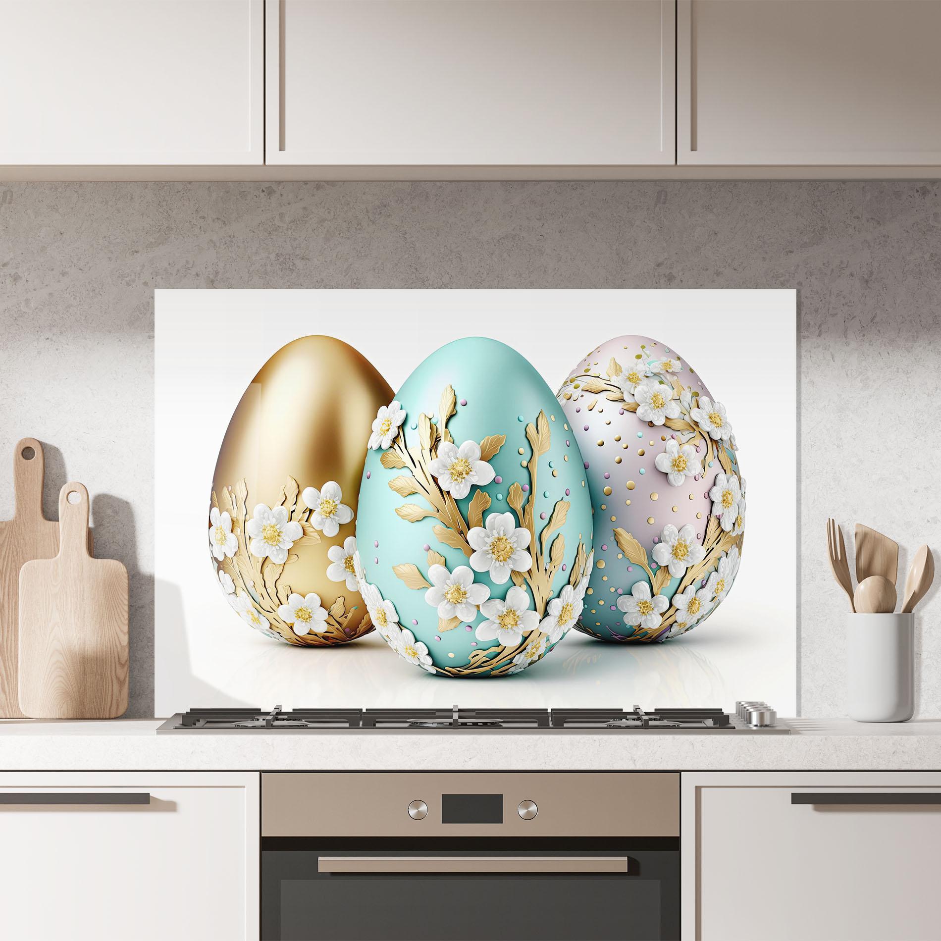 Panou Sticla Bucatarie Gold Blue Easter Eggs mockup 7