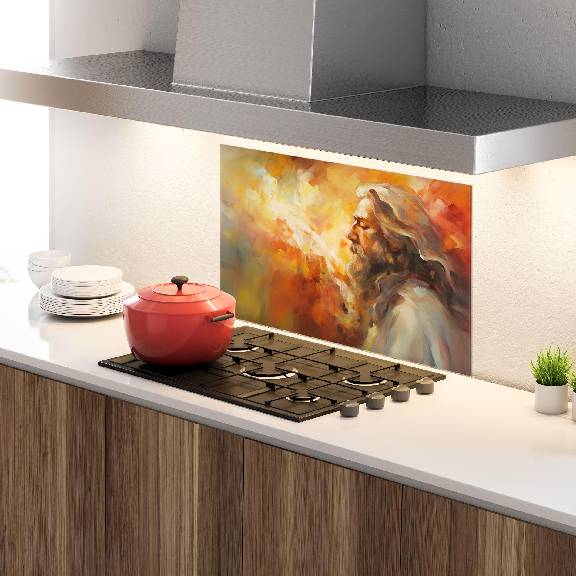 Panou Sticla Bucatarie Christ Oil Painting mockup 4