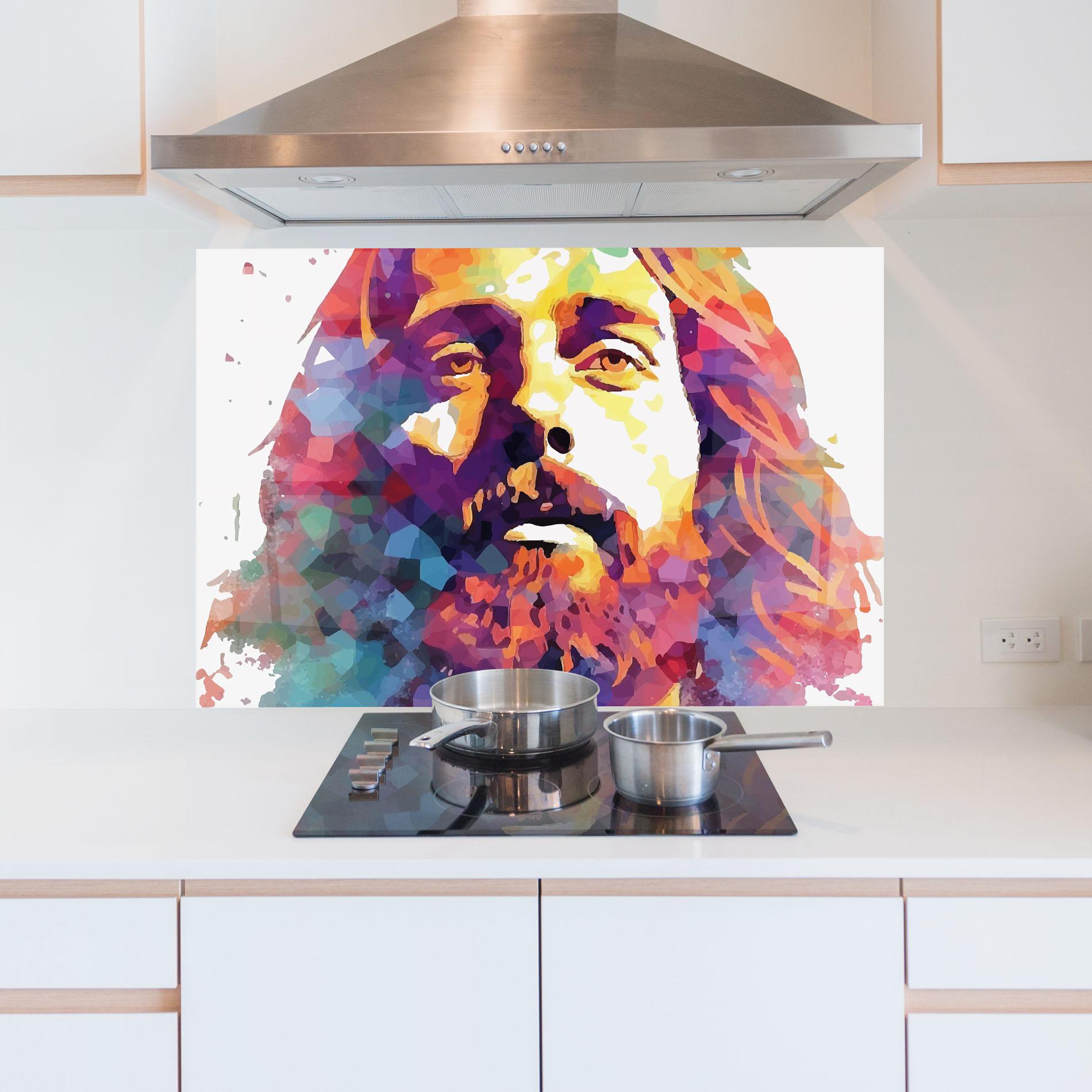 Panou Sticla Bucatarie Colorful Light Jesus mockup 5