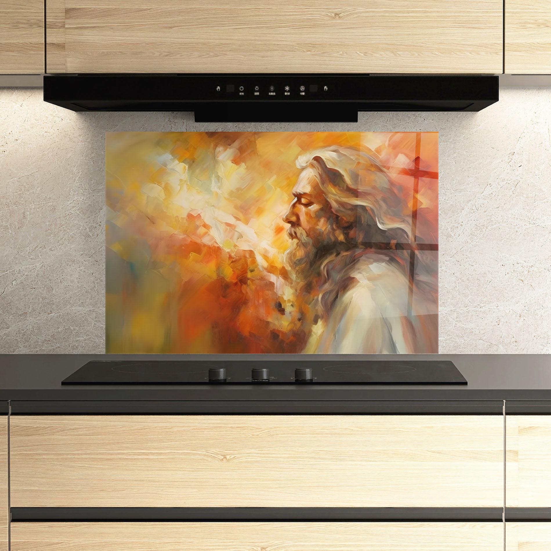 Panou Sticla Bucatarie Christ Oil Painting mockup 3