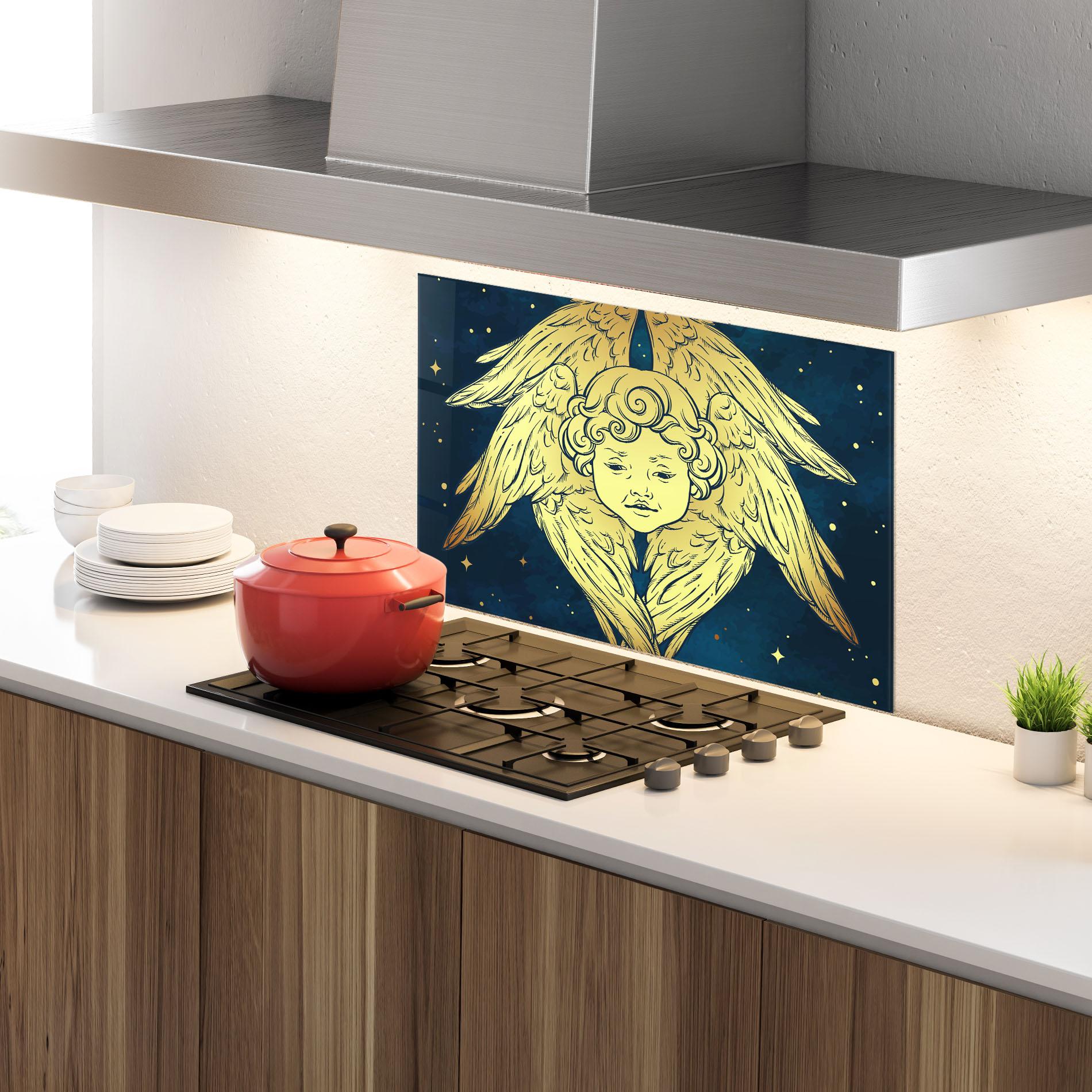 Panou Sticla Bucatarie Gold Wings Angel mockup 4