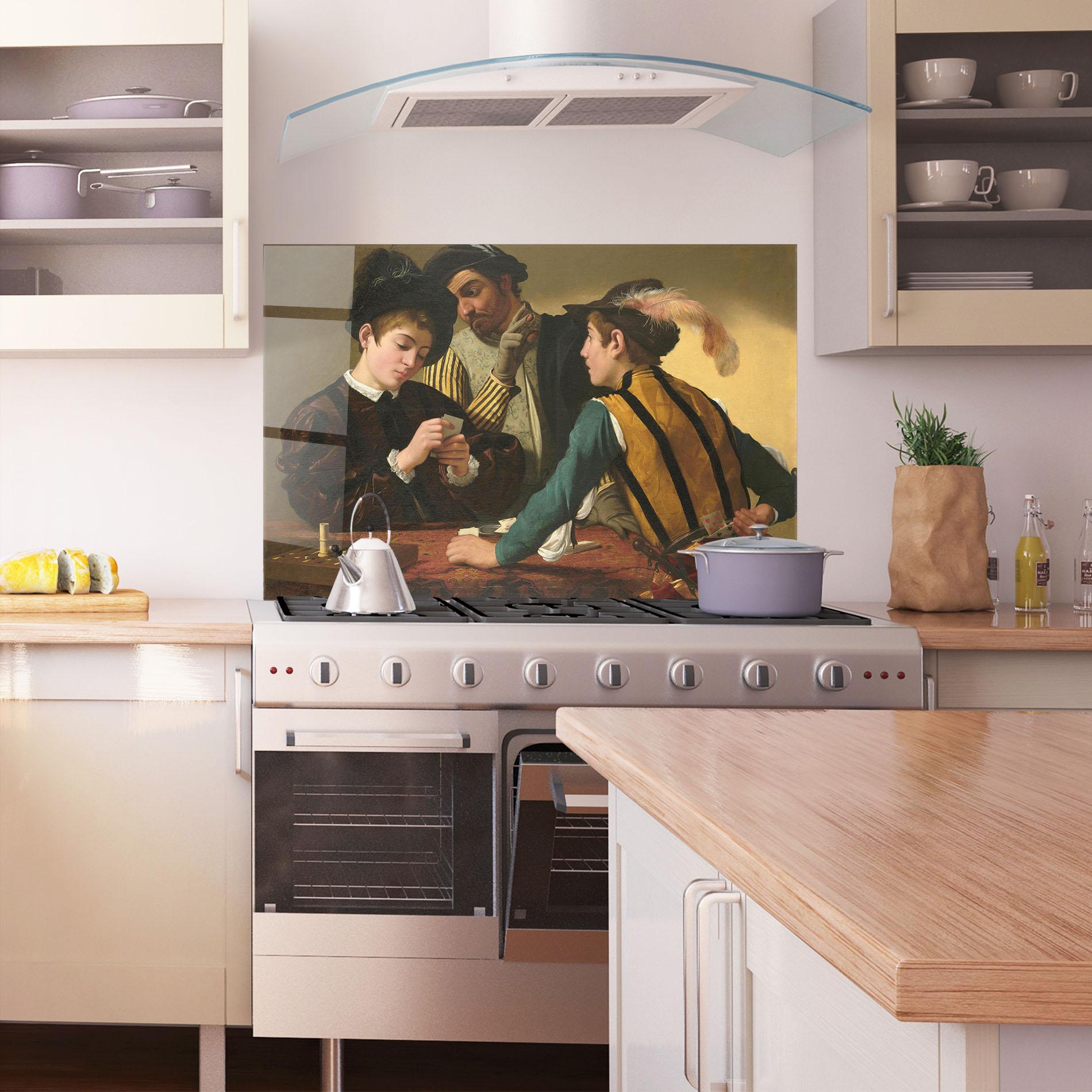 Panou Sticla Bucatarie Caravaggio The Cardsharps mockup 1