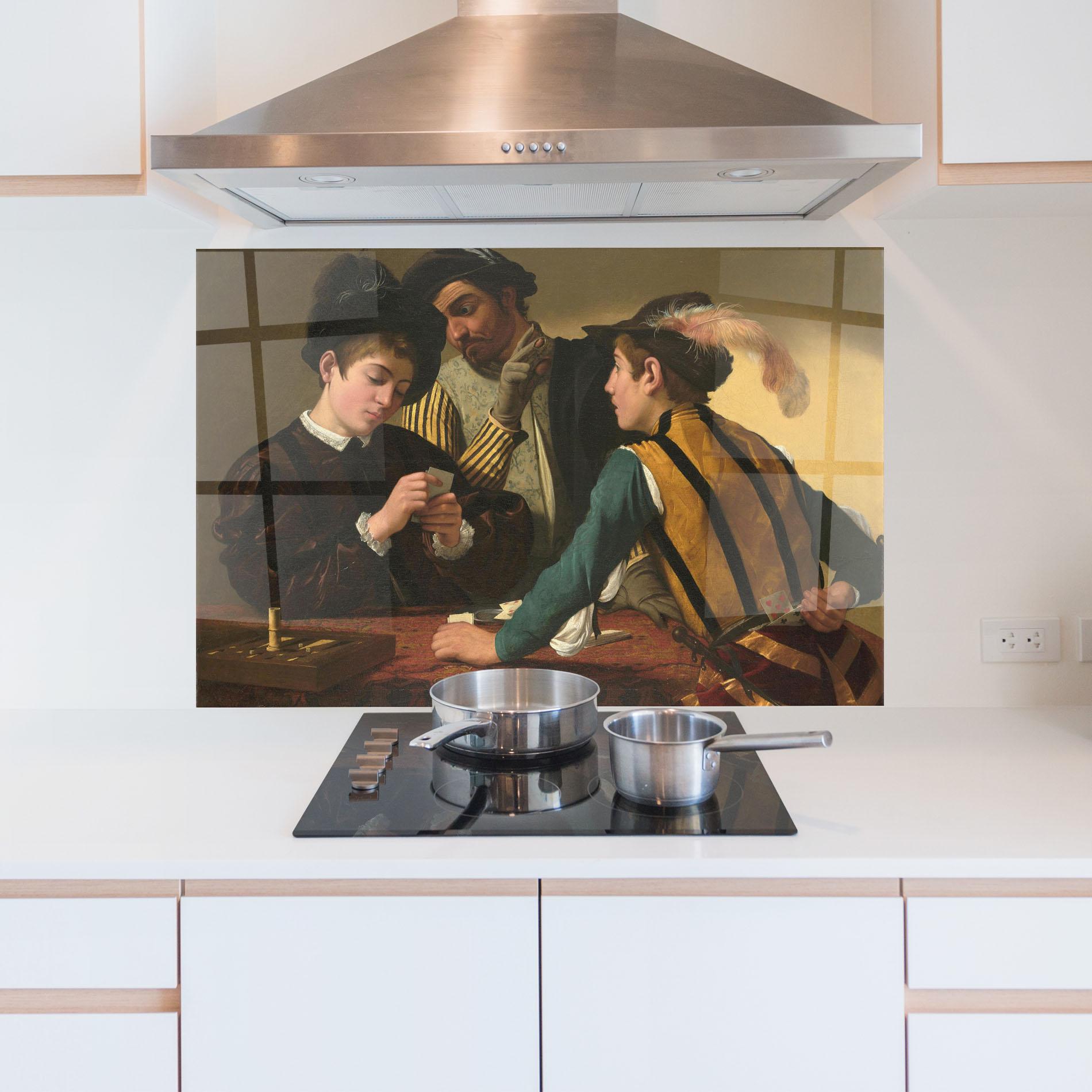 Panou Sticla Bucatarie Caravaggio The Cardsharps mockup 5