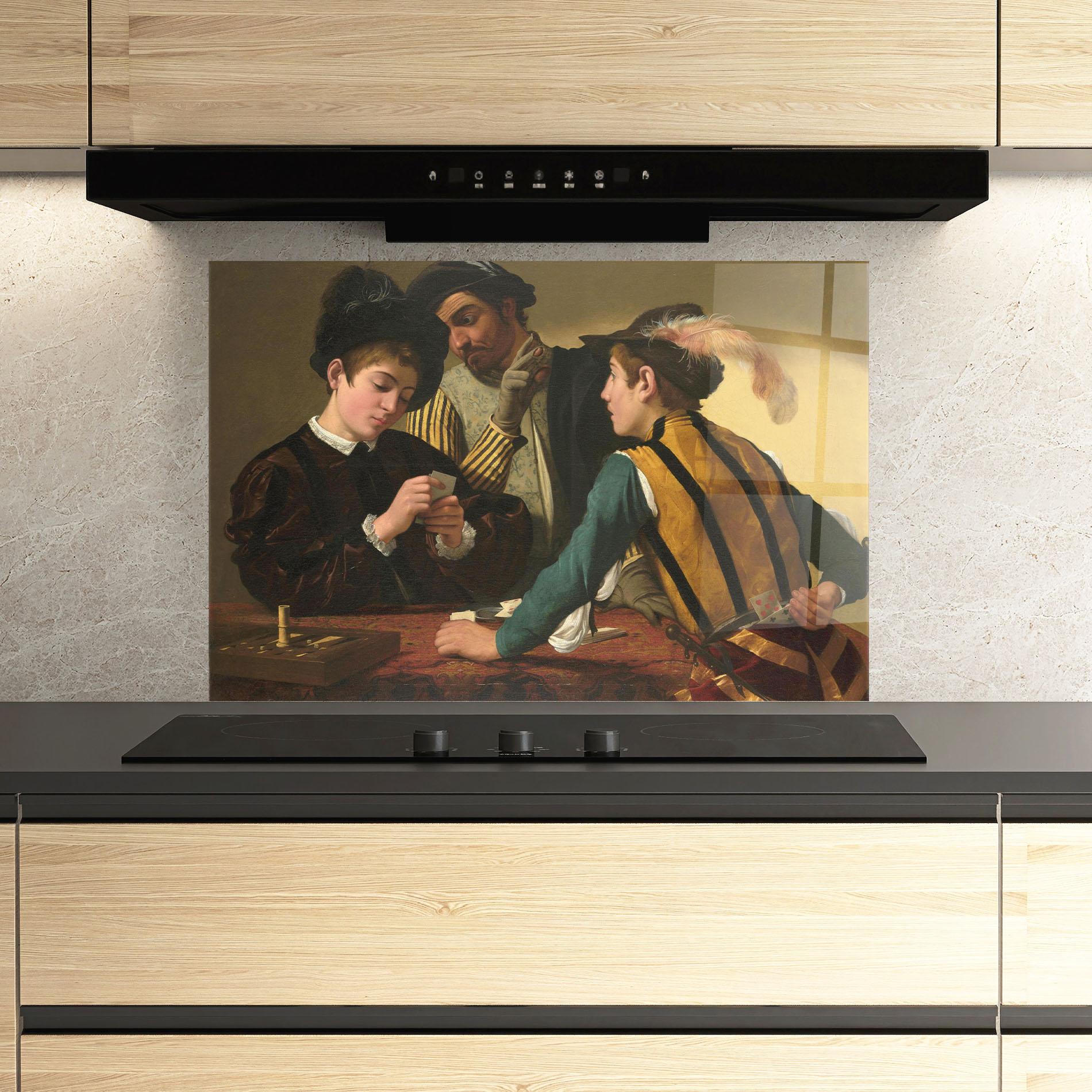 Panou Sticla Bucatarie Caravaggio The Cardsharps mockup 3