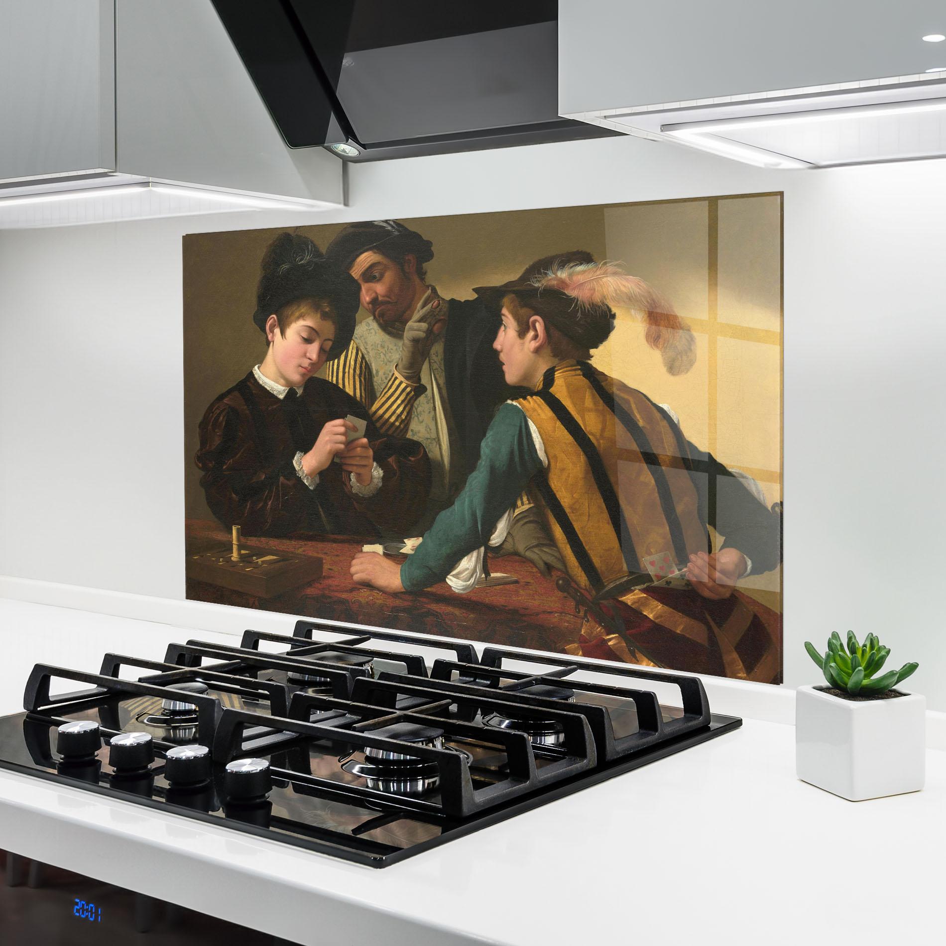 Panou Sticla Bucatarie Caravaggio The Cardsharps mockup 6