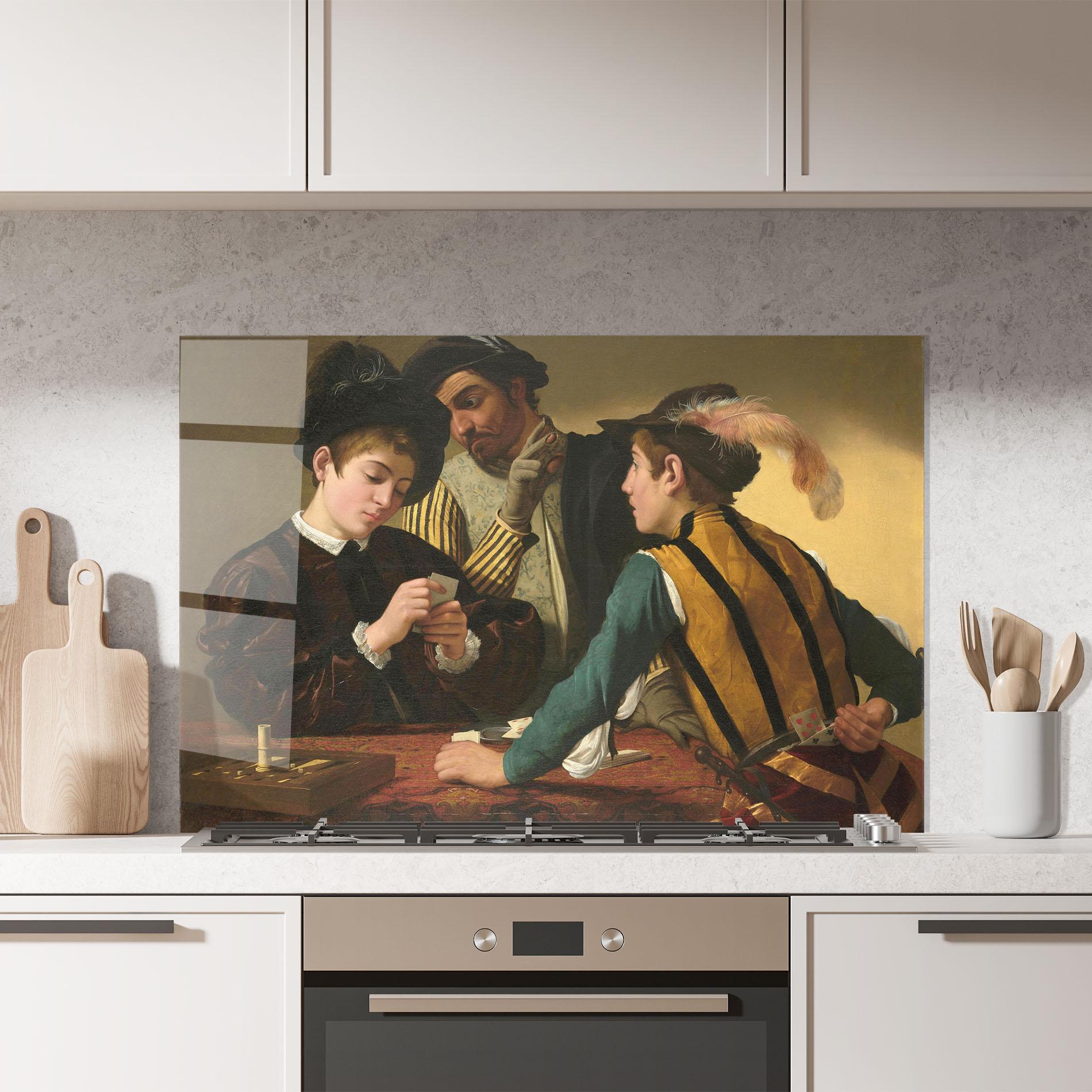 Panou Sticla Bucatarie Caravaggio The Cardsharps mockup 7