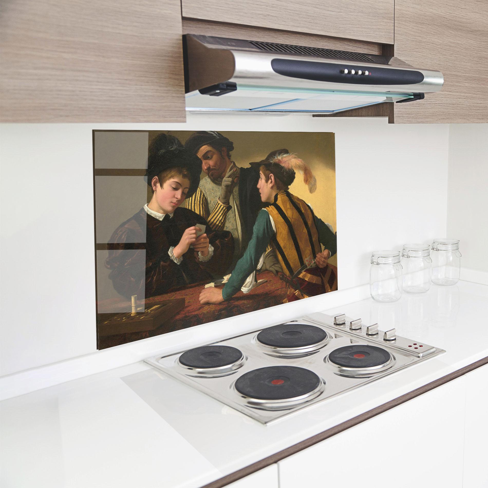 Panou Sticla Bucatarie Caravaggio The Cardsharps mockup 8