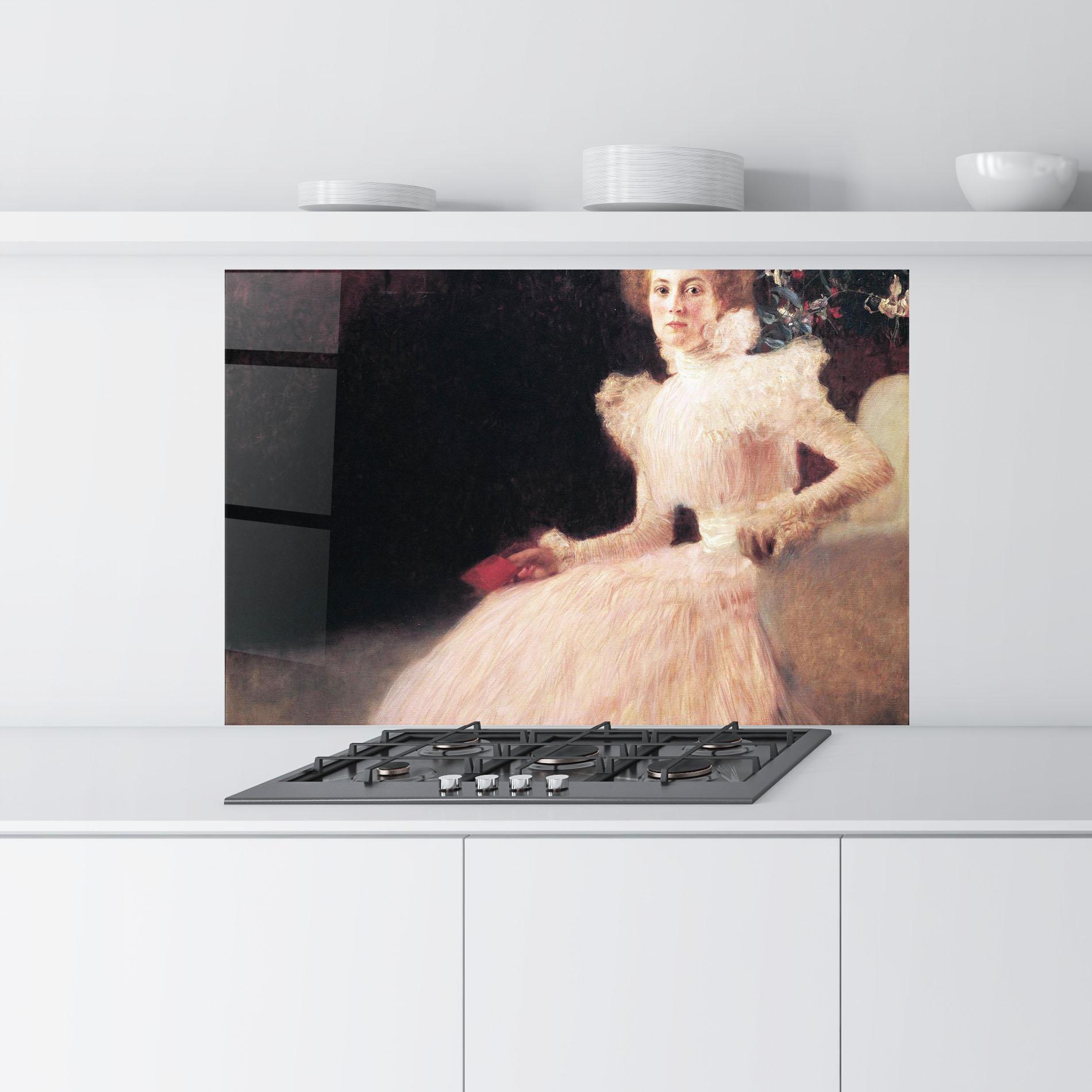 Panou Sticla Bucatarie Gustav Klimt Pink Dress mockup 9