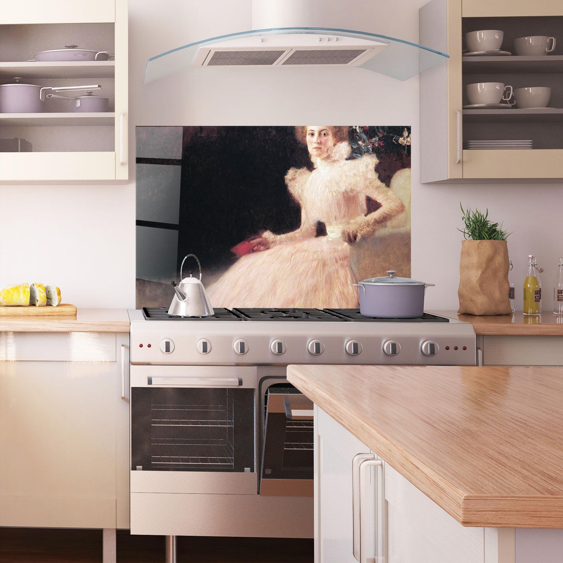 Panou Sticla Bucatarie Gustav Klimt Pink Dress mockup 1