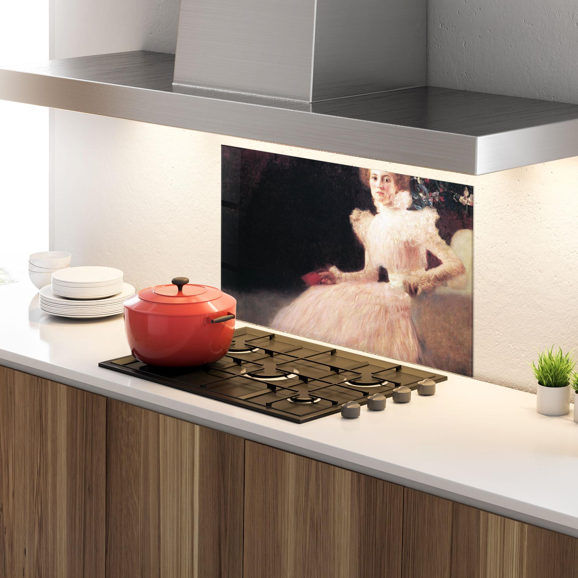 Panou Sticla Bucatarie Gustav Klimt Pink Dress mockup 4