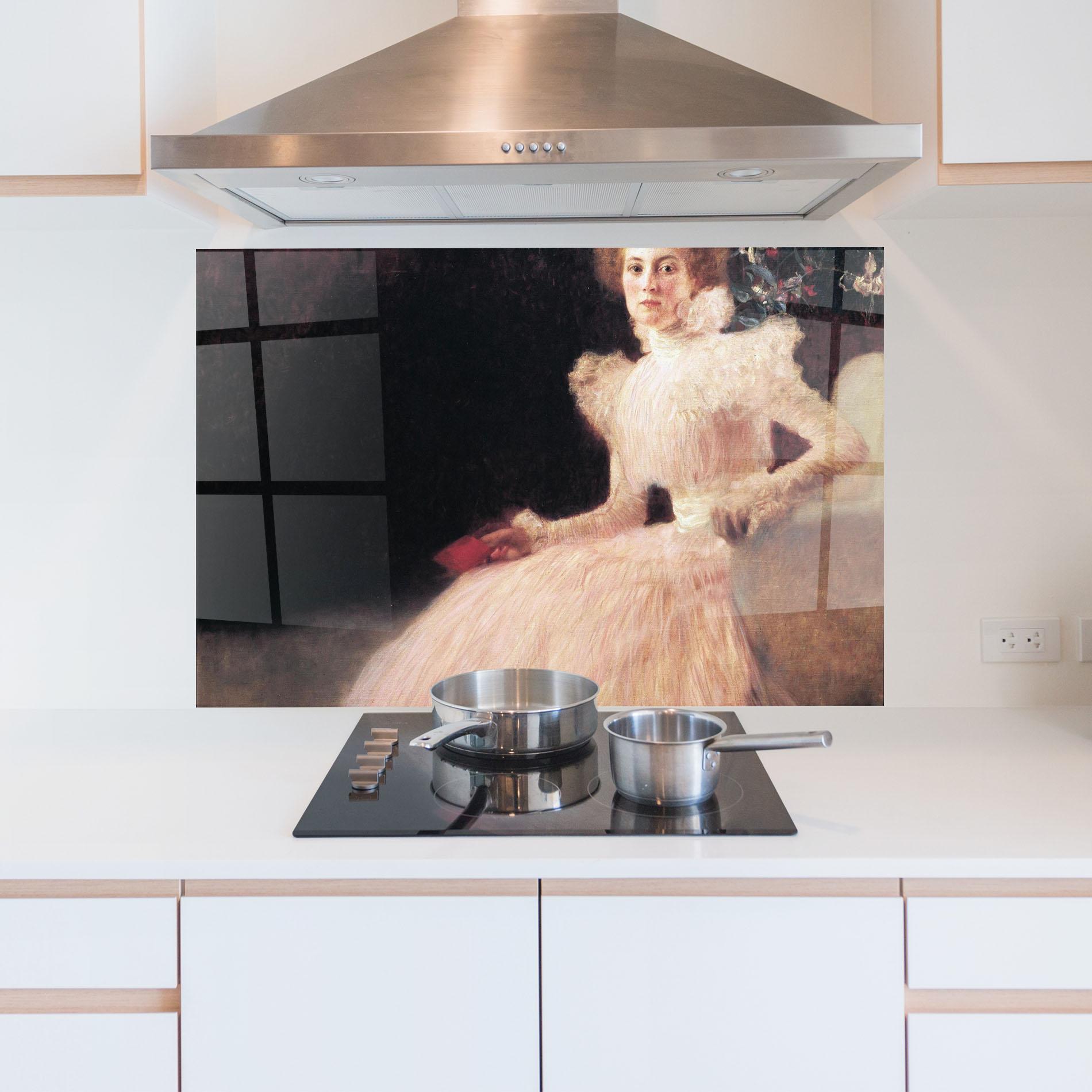 Panou Sticla Bucatarie Gustav Klimt Pink Dress mockup 5