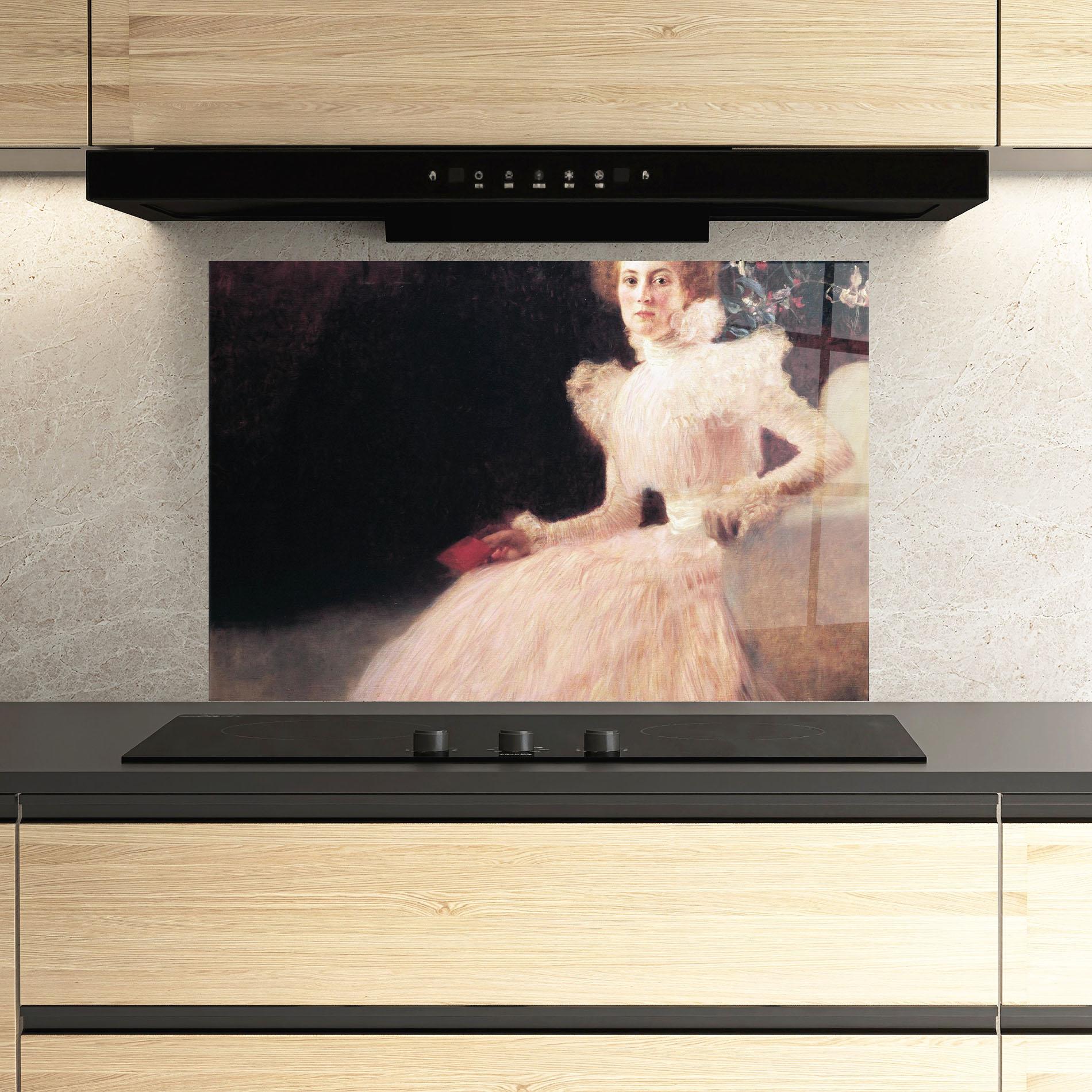 Panou Sticla Bucatarie Gustav Klimt Pink Dress mockup 3