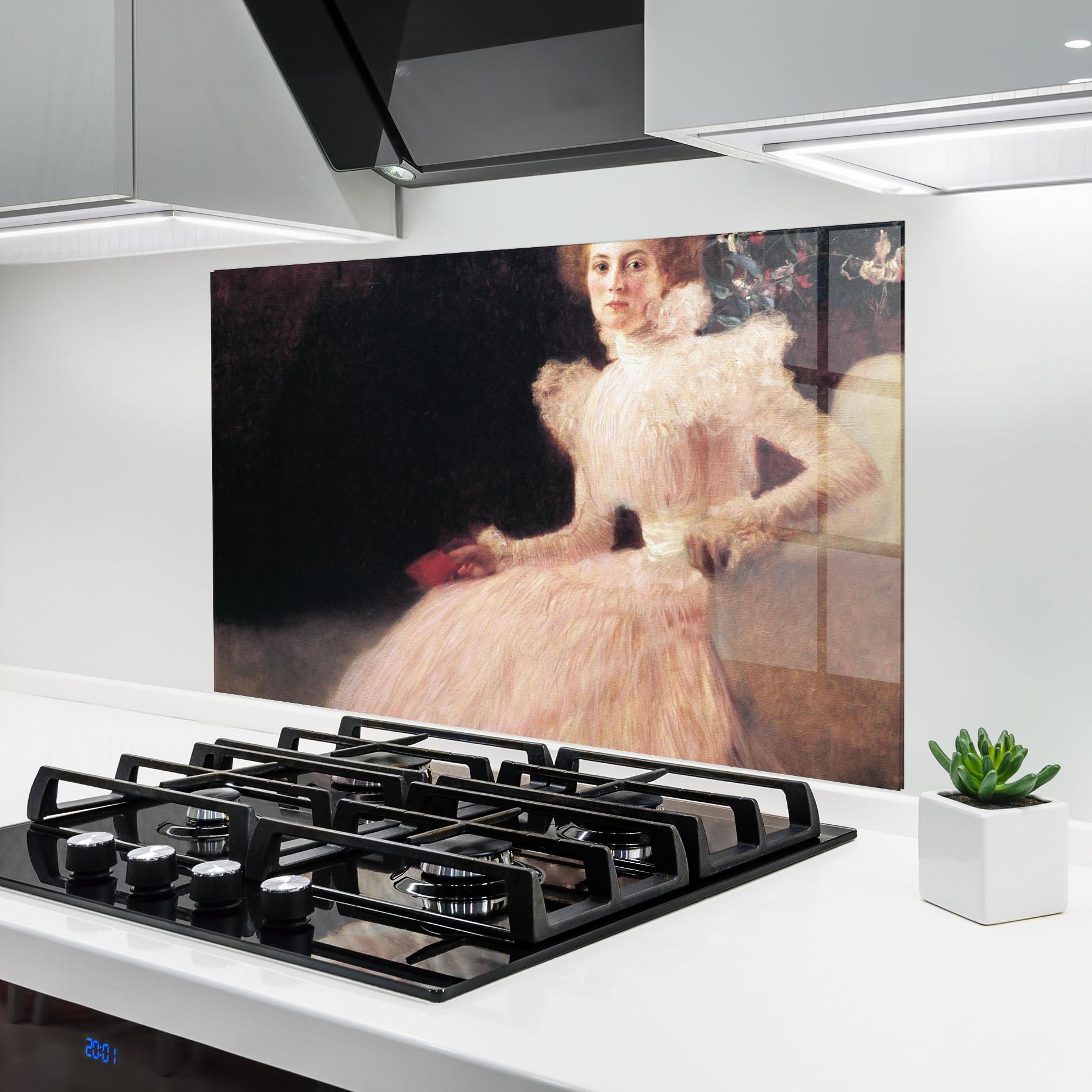 Panou Sticla Bucatarie Gustav Klimt Pink Dress mockup 6