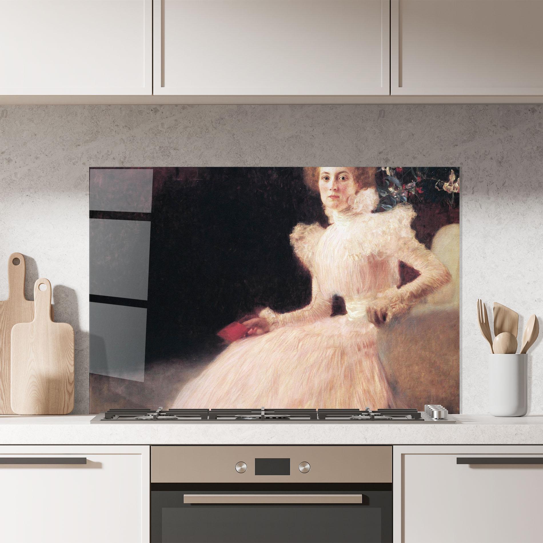 Panou Sticla Bucatarie Gustav Klimt Pink Dress mockup 7